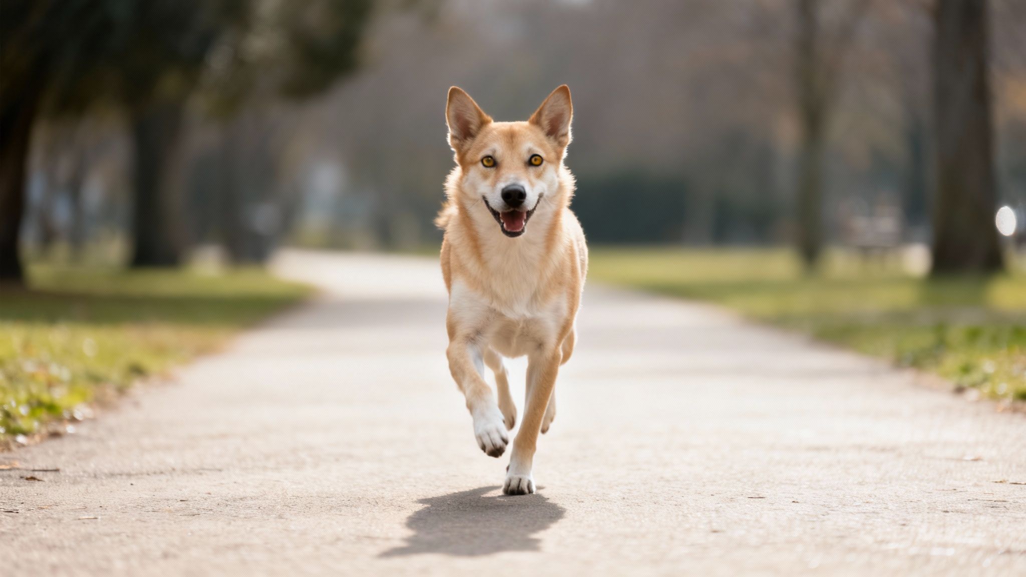 A joyful golden-brown dog with pointy ears runs towards the viewer on a park path.
