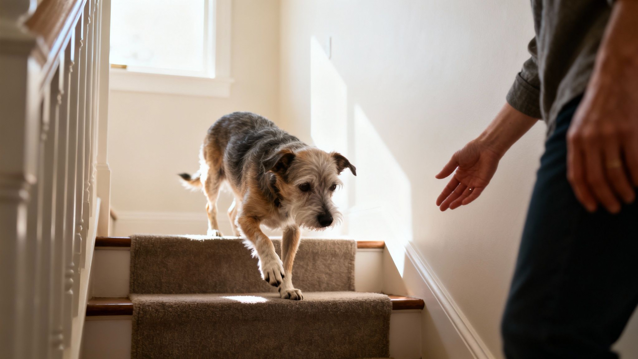 A scruffy dog walks down sunlit carpeted stairs towards a person's outstretched hand.