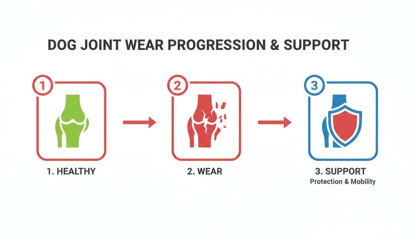 Visual progression of dog joint health, from healthy to wear, demonstrating support for protection and mobility.