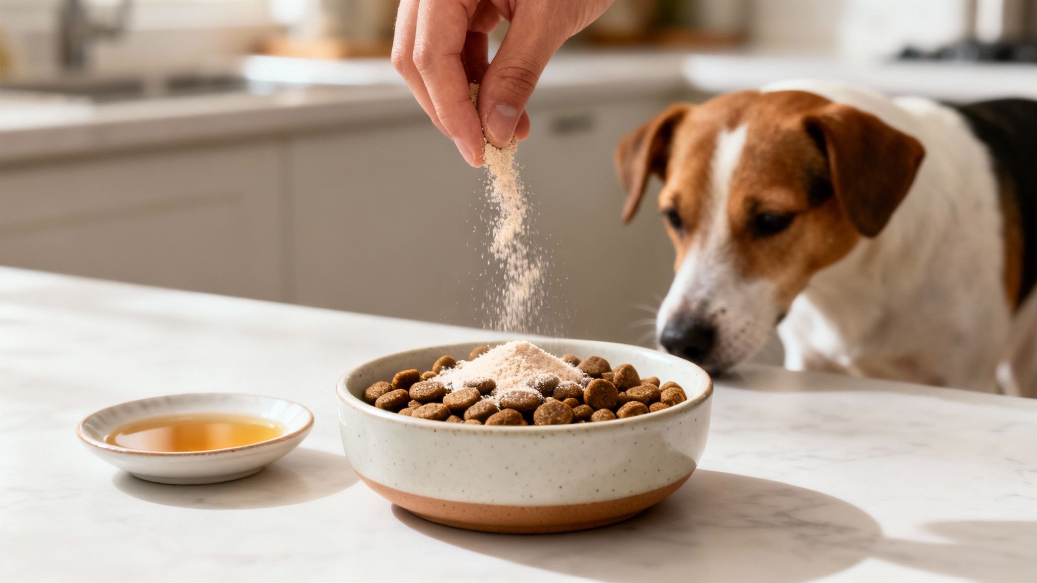 A hand sprinkles collagen powder over a dog's kibble, with a dog watching intently.