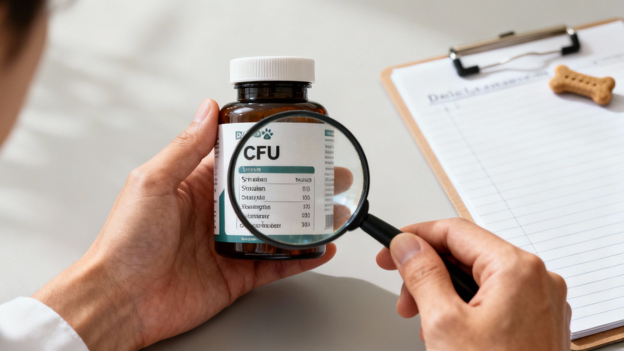 Person examines a dog supplement bottle with a magnifying glass, next to a clipboard and dog treat.