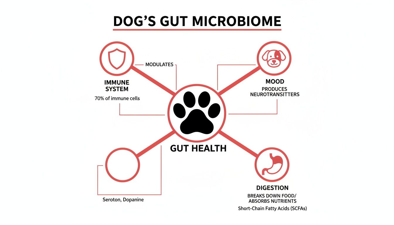 Infographic showing how a dog's gut microbiome influences its immune system, mood, and digestion.