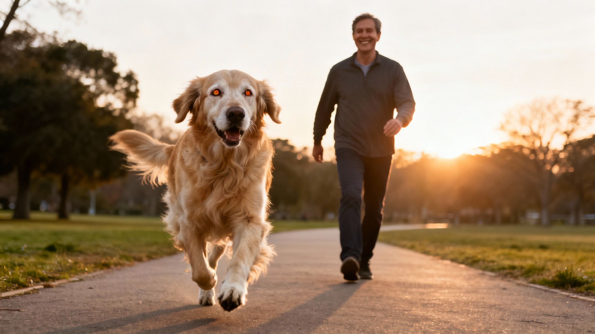 A golden retriever dog with red-eye runs excitedly on a park path at sunset, its owner walking behind.
