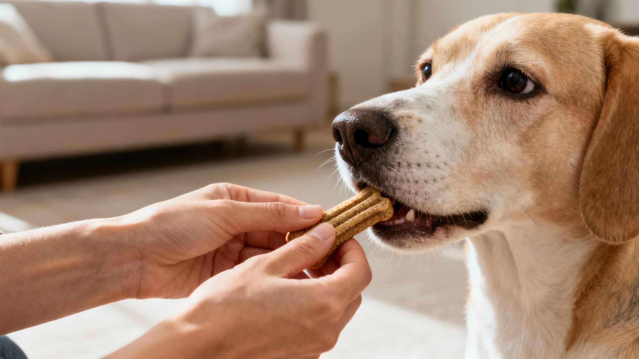 A person's hands gently offer a bone-shaped treat to a cute Beagle dog indoors.
