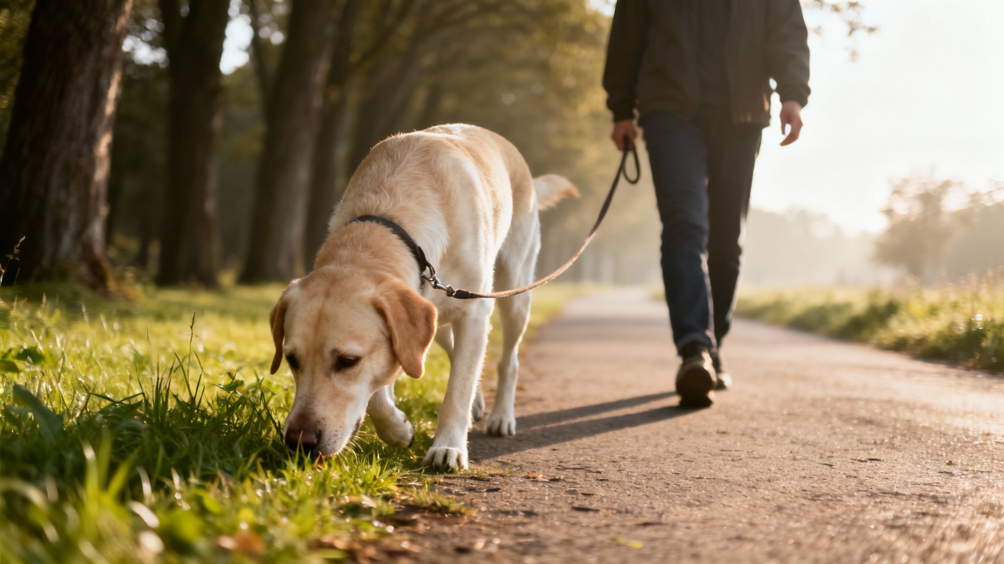 A person walks a golden Labrador sniffing grass on a path in soft morning light.
