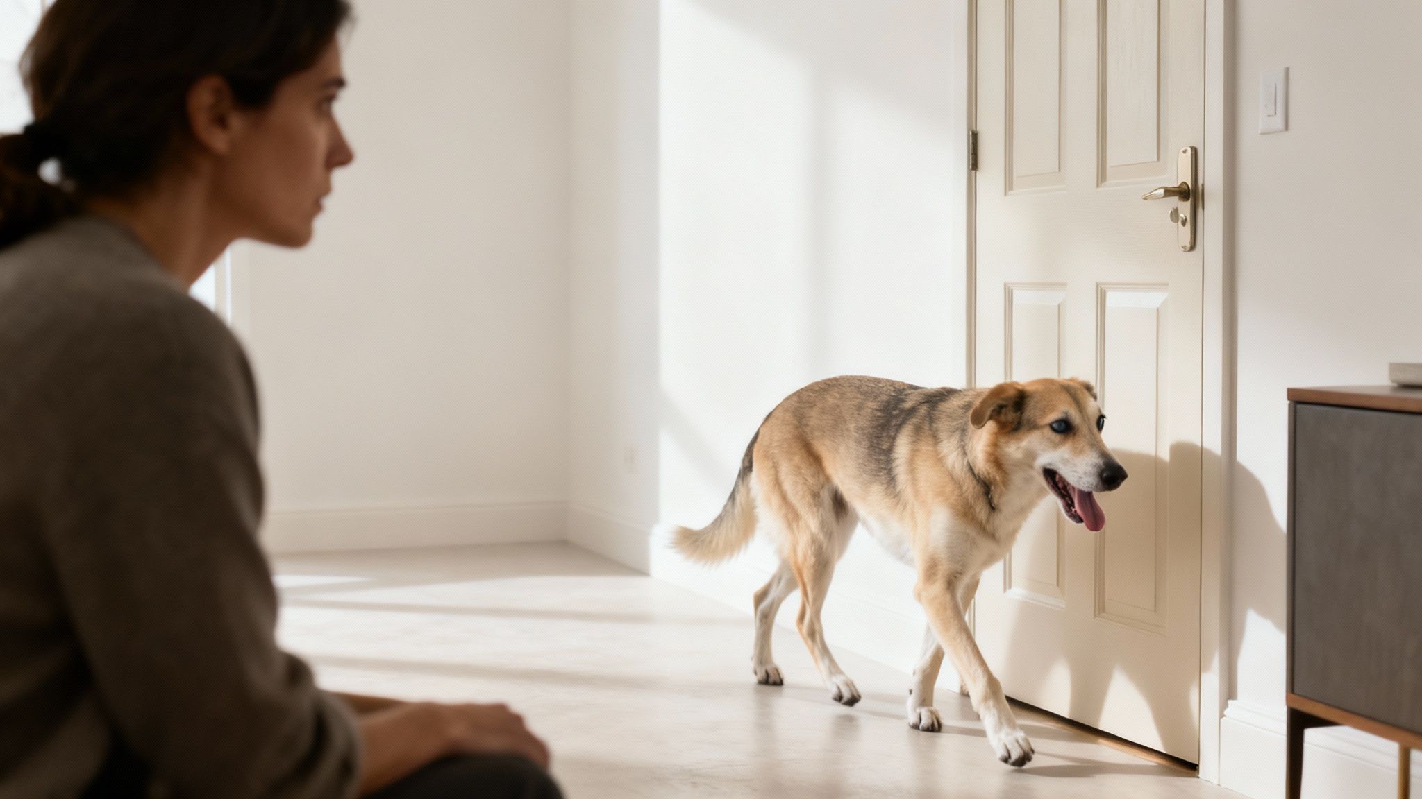 A happy tan and black dog walks past a white door in a sunny room, observed by a person.