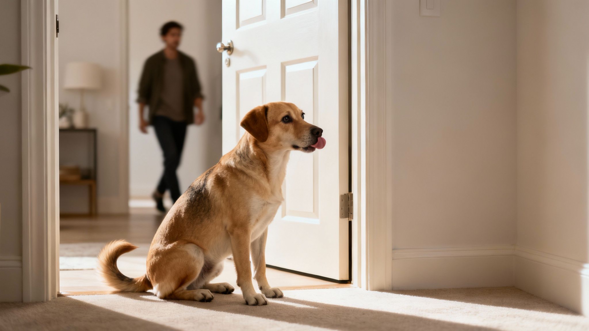 A tan dog sits patiently by an open door, watching a person walk away.
