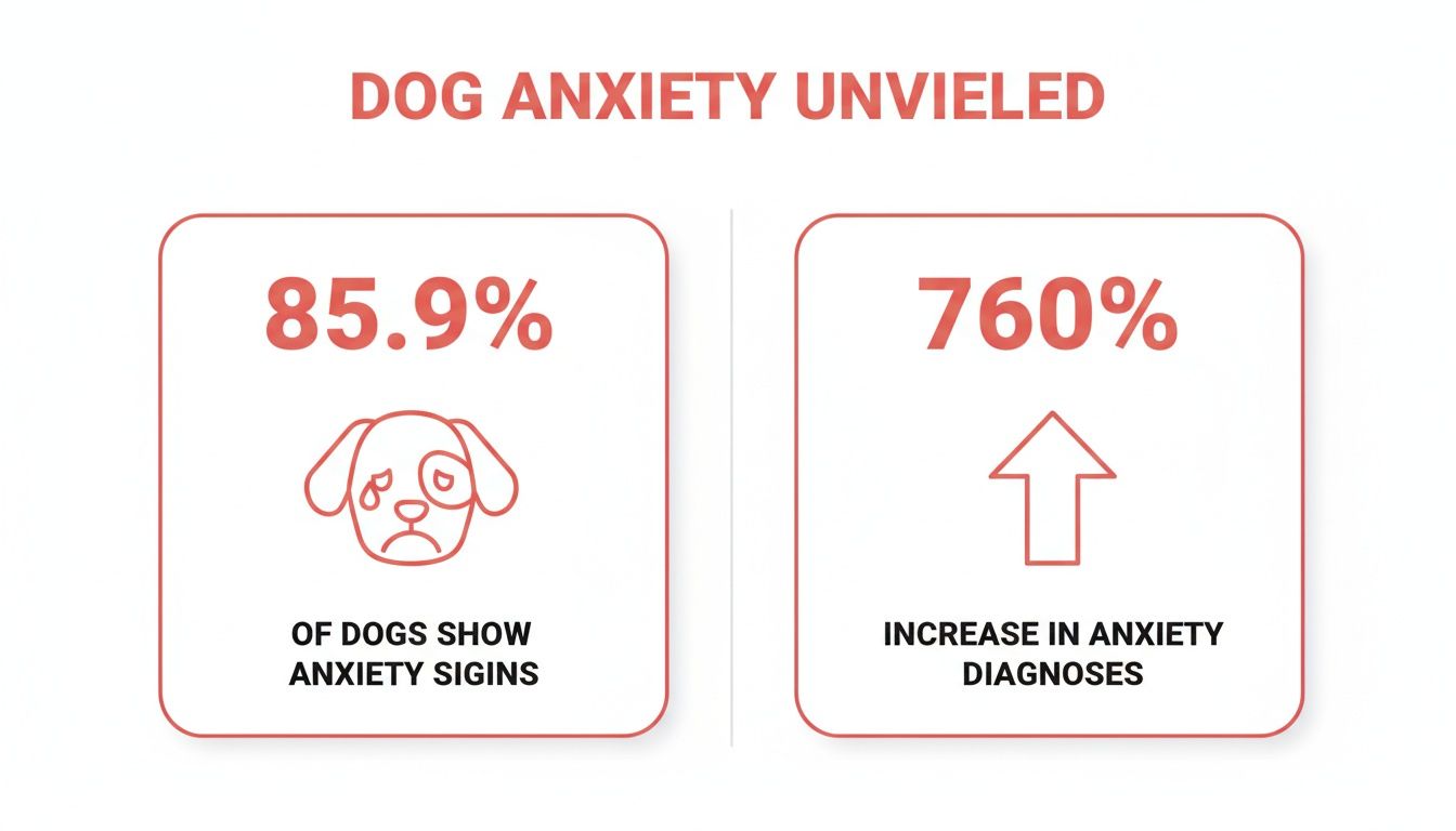 Infographic showing that 85.9% of dogs display anxiety signs and a 760% increase in anxiety diagnoses.