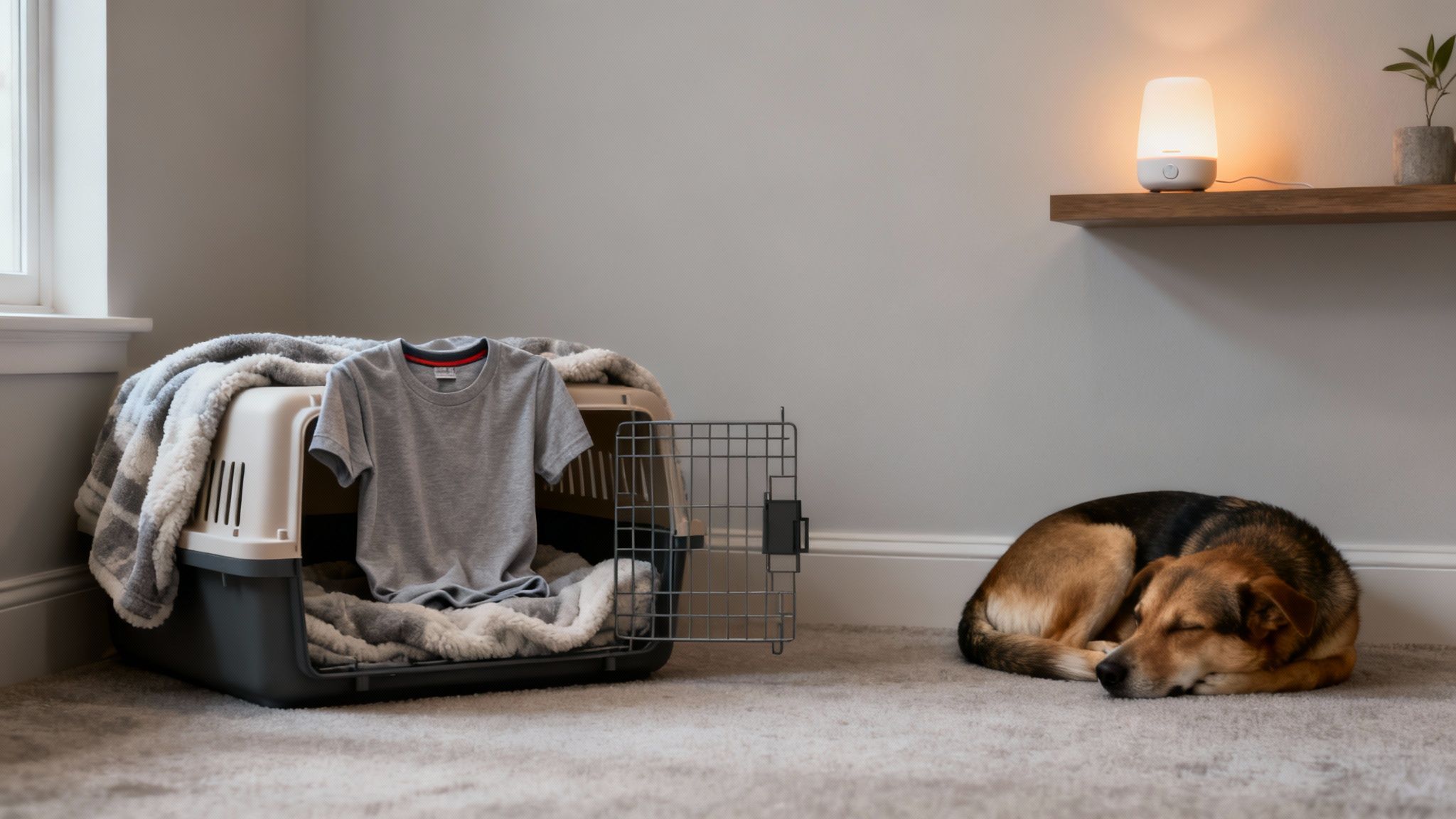 A comfortable dog crate with a blanket and a t-shirt, next to a peacefully sleeping dog.