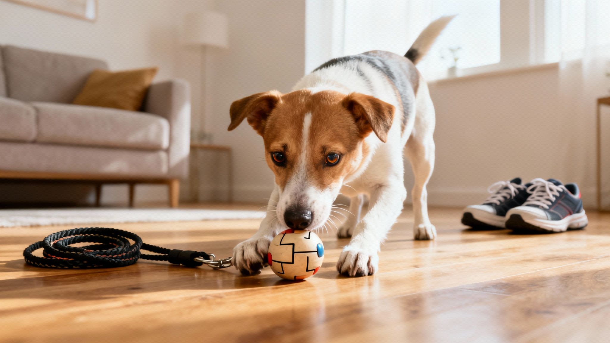 A cute brown and white dog intently playing with a colorful toy ball on a sunny wooden floor.