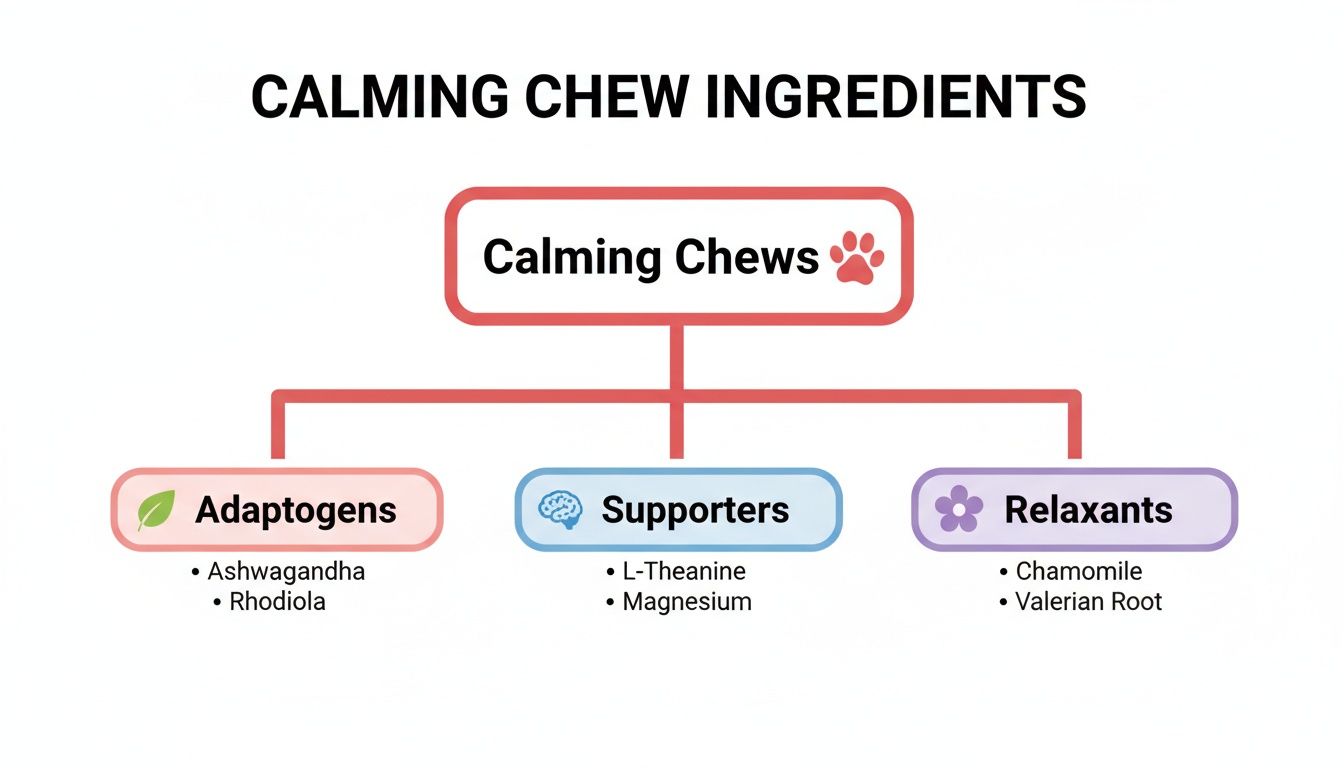A diagram outlining calming chew ingredients, categorized into adaptogens, supporters, and relaxants with specific examples.