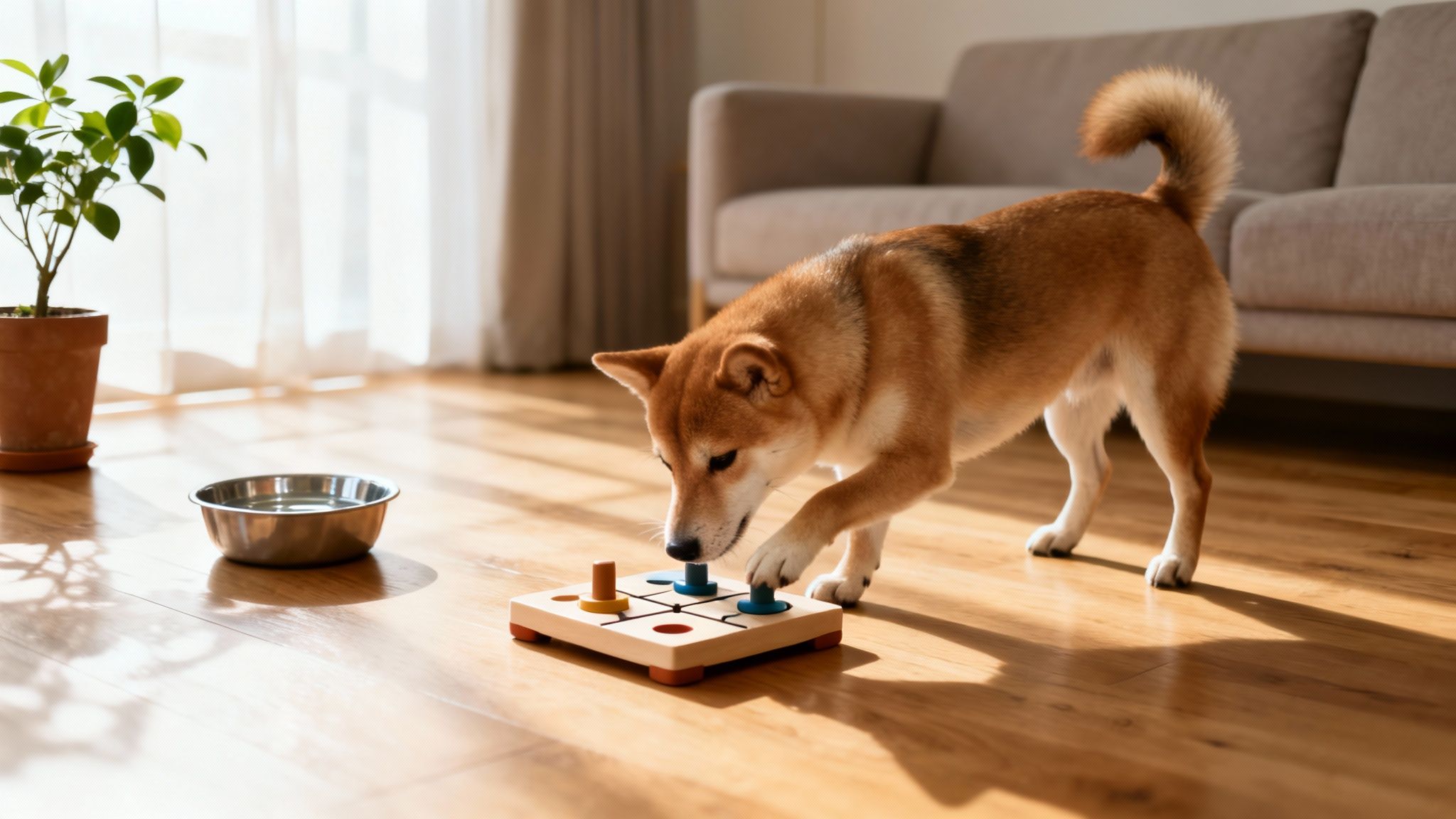 An adorable Shiba Inu dog focused on solving a wooden interactive puzzle toy on a warm sunny floor.