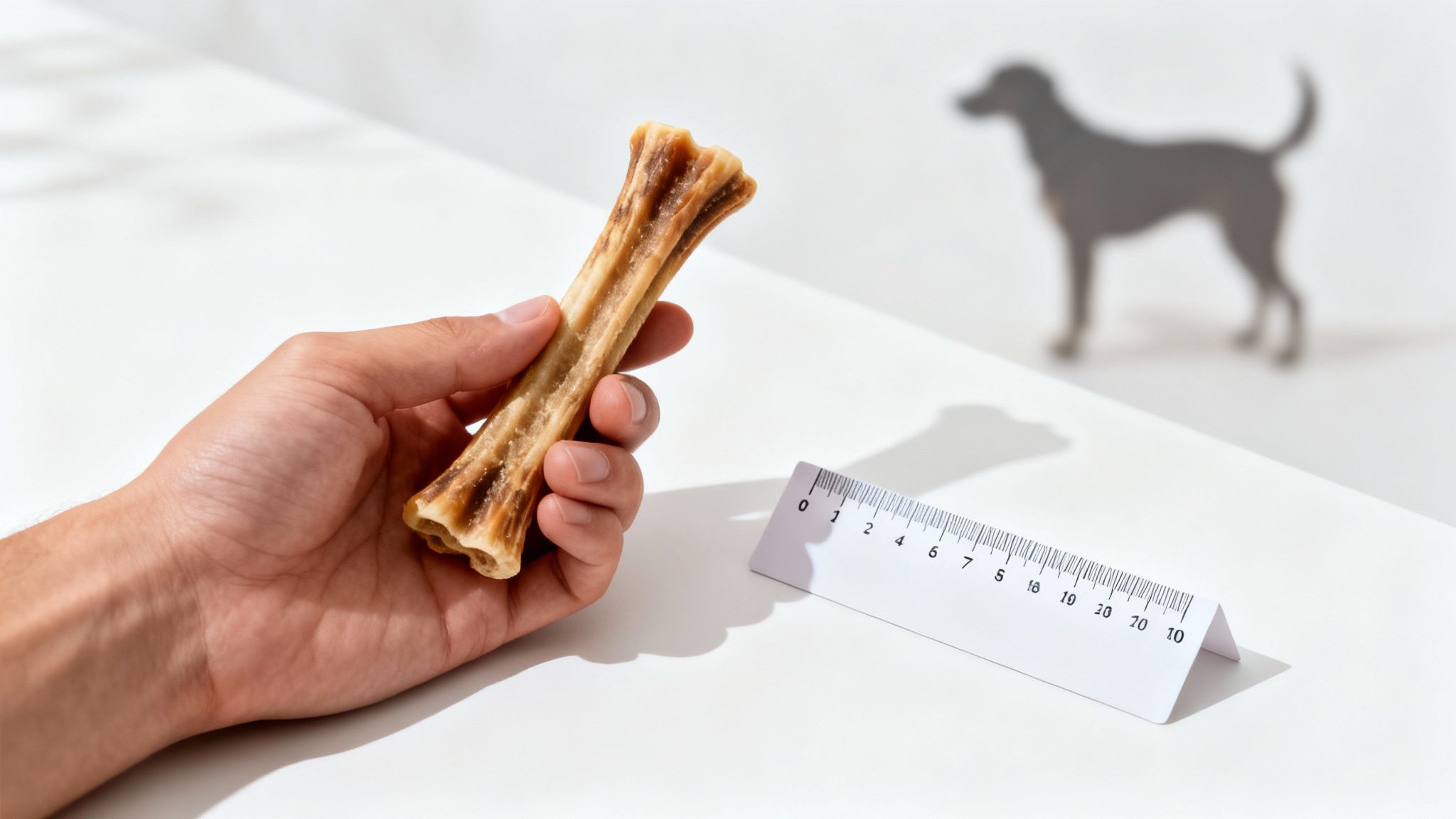 A hand holds a natural dog chew bone near a ruler, with a dog shadow in the background.
