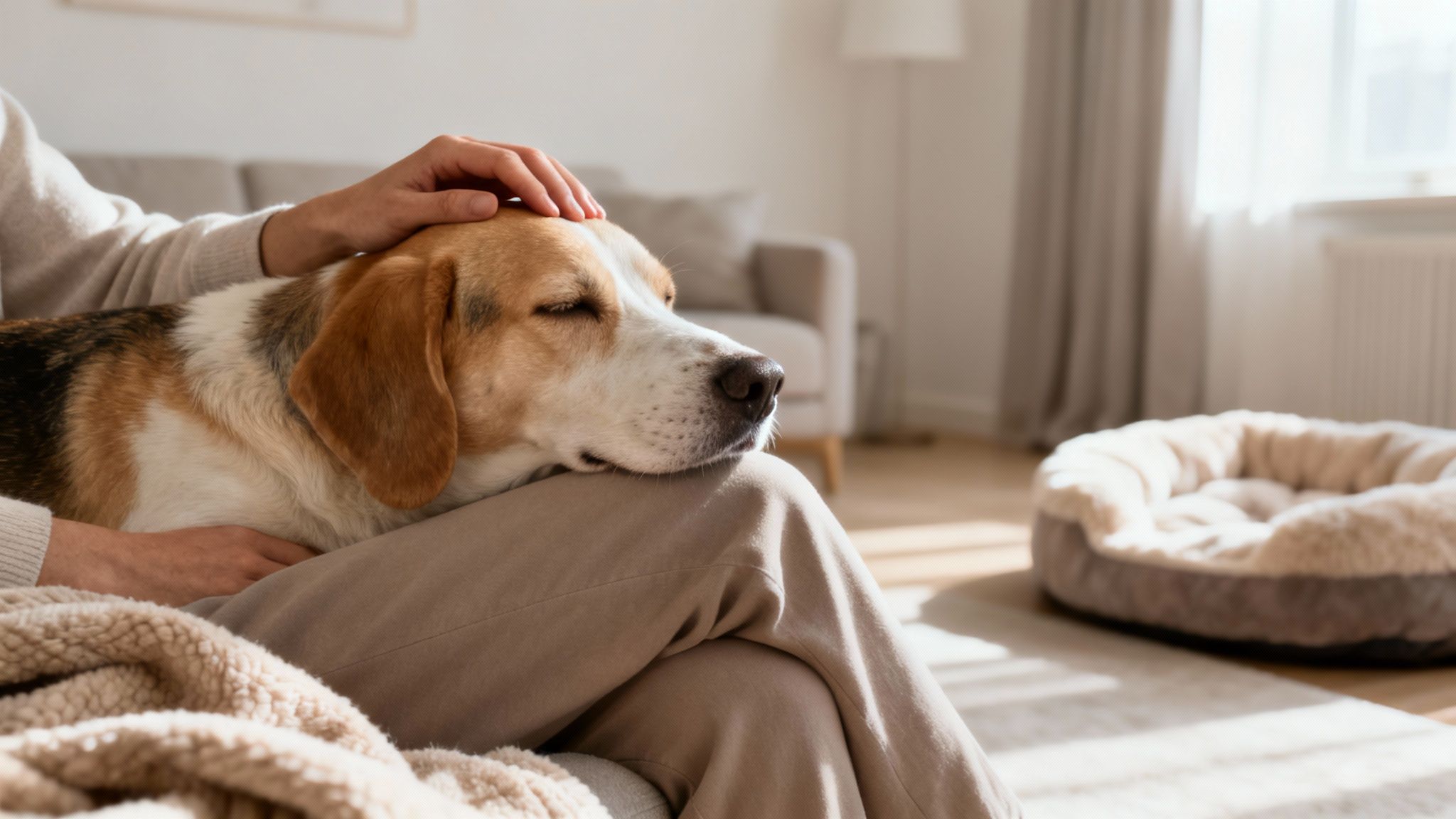 A person gently pets a sleeping beagle dog resting comfortably on their lap in a sunlit room.