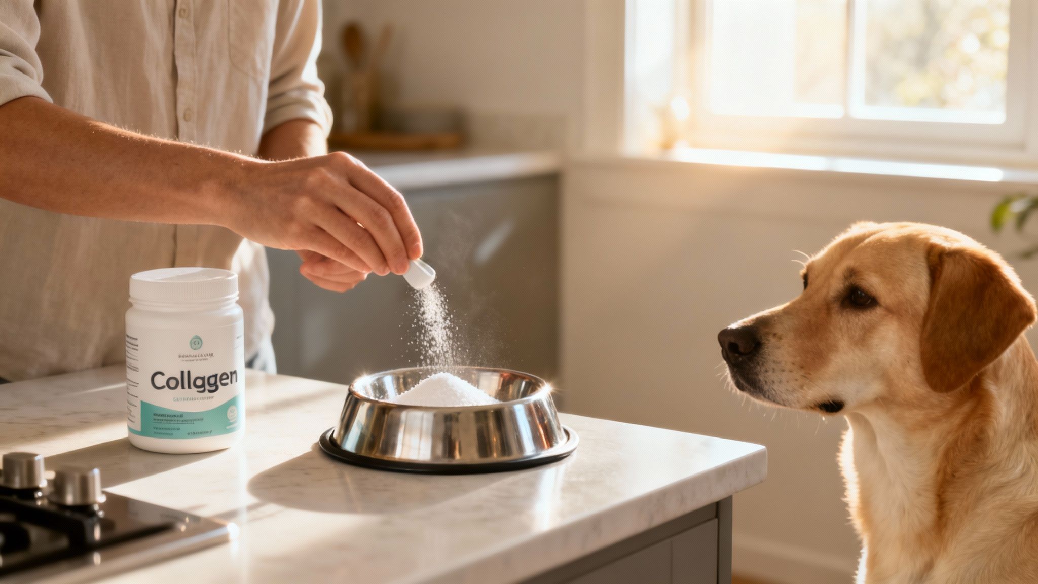 A person adds collagen powder to a dog's food bowl, with a golden retriever watching eagerly in a sunlit kitchen.