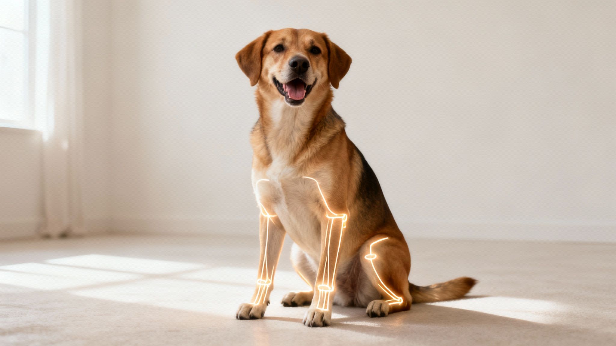 A happy dog with glowing bone outlines on its legs, symbolizing good joint health.