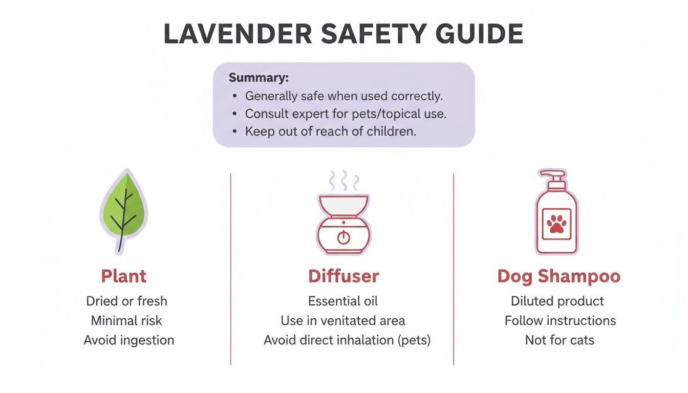 Infographic on lavender safety, covering plant, diffuser, and dog shampoo uses for humans and pets.