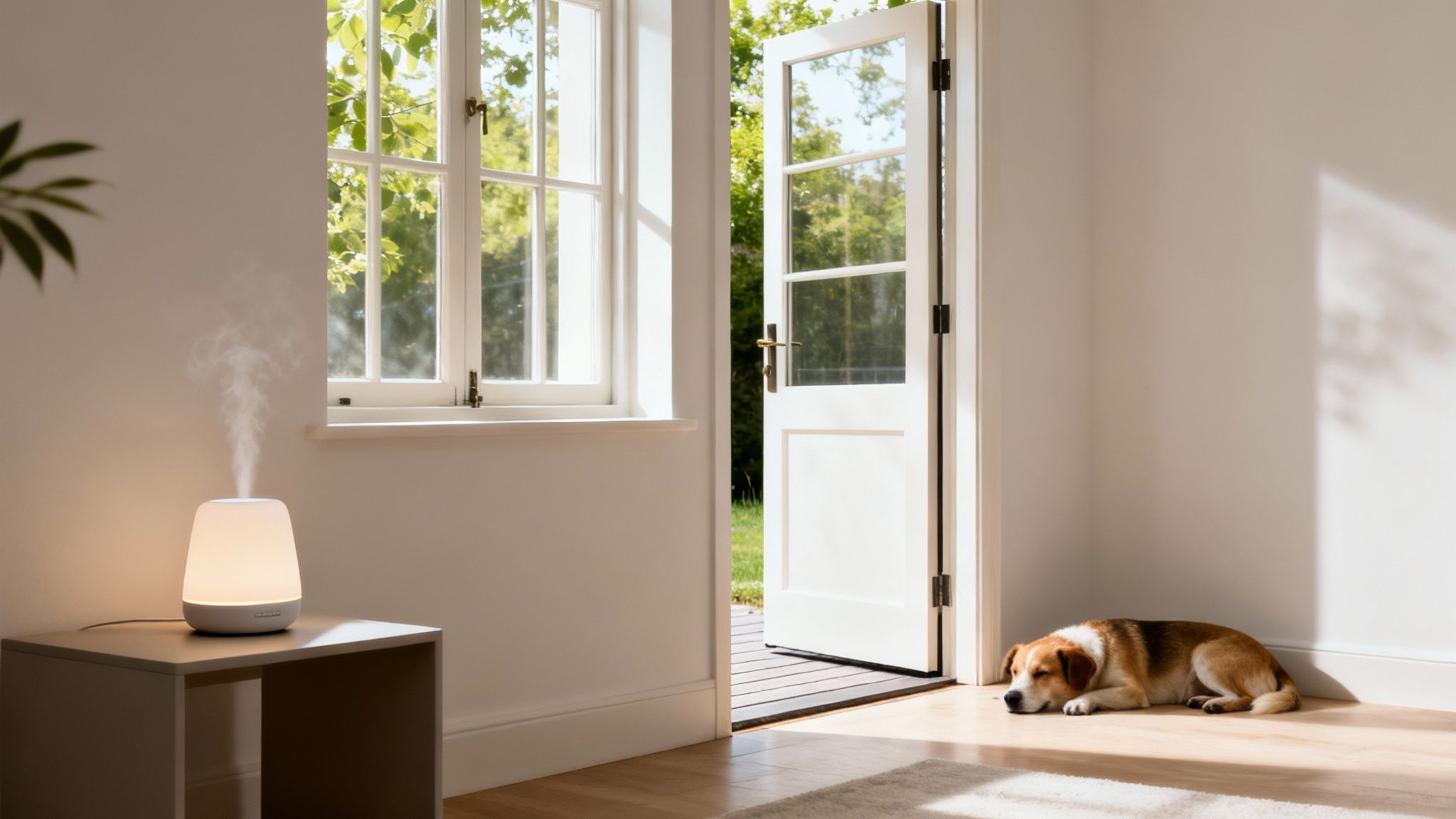 A warm, inviting room with an essential oil diffuser, open door to a garden, and a sleeping dog.