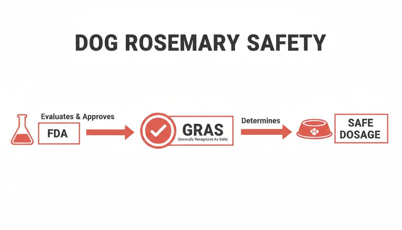 Flowchart detailing the safety process for dog rosemary, involving FDA evaluation, GRAS status, and safe dosage determination.