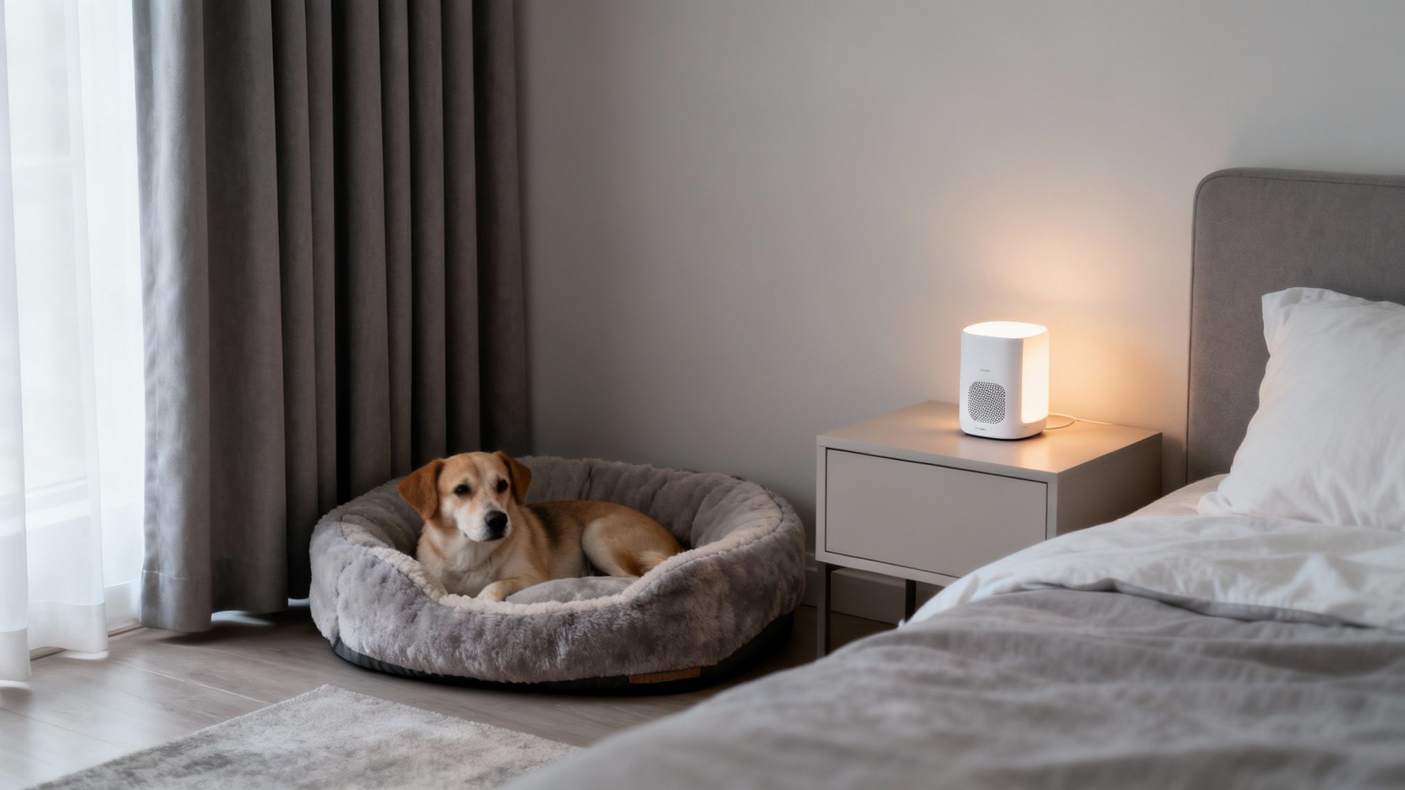 A loyal dog resting peacefully in a soft dog bed in a cozy bedroom with warm lighting.