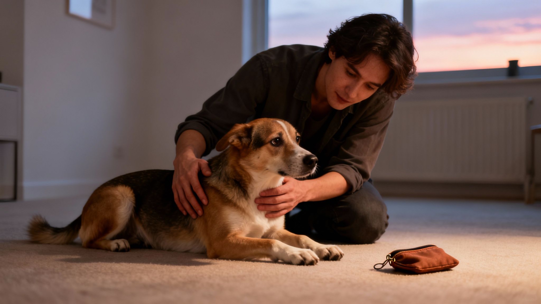 A young man gently pets his brown and white dog on a soft carpet indoors during sunset.
