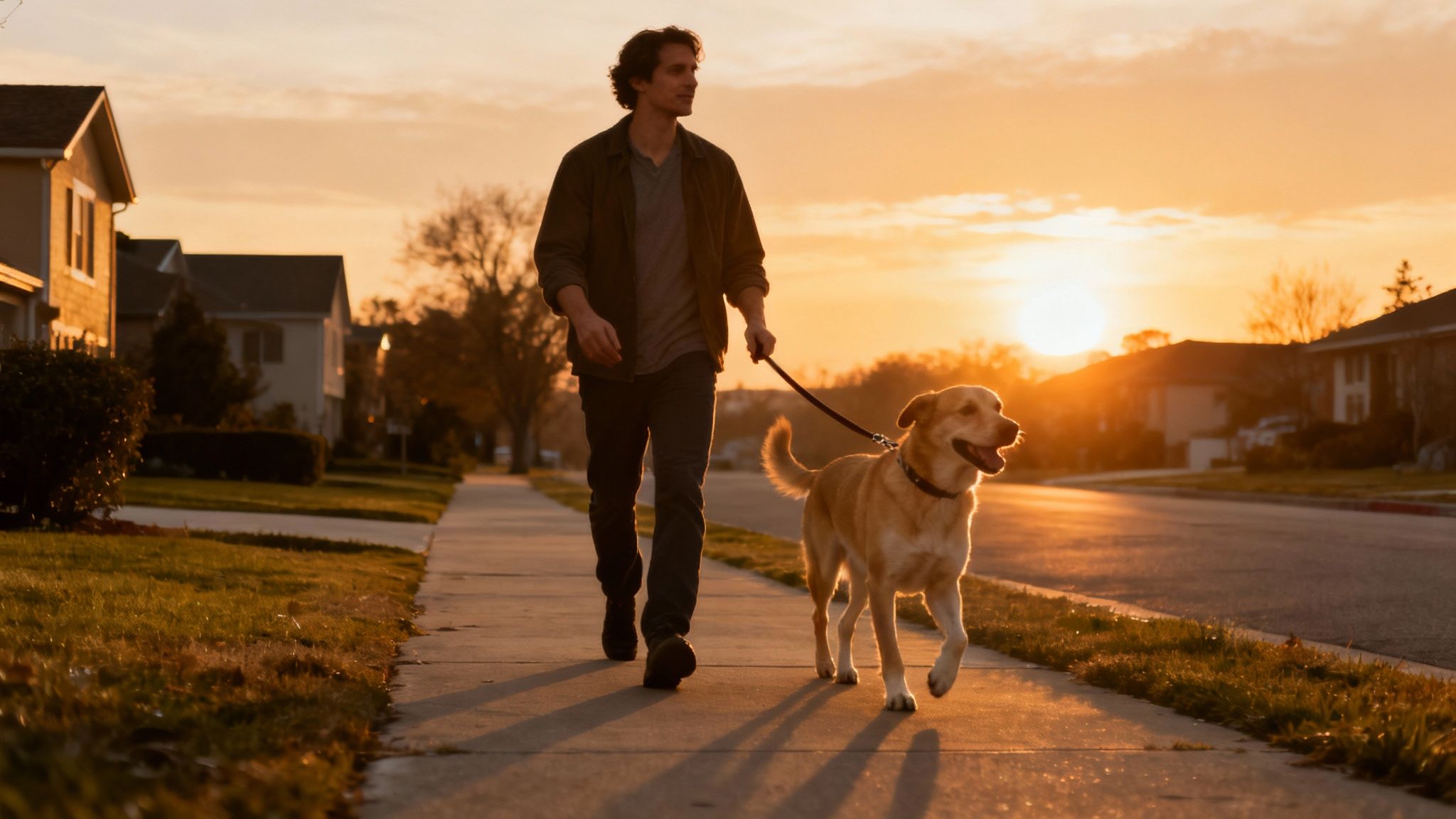 A man walks his happy Labrador Retriever on a leash down a sunny suburban sidewalk at sunset.