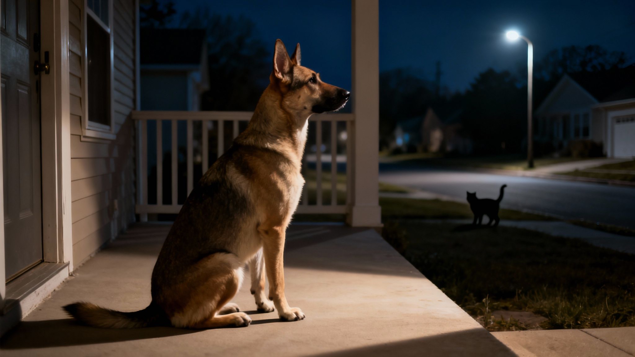 A German Shepherd dog sits on a porch at night, intently watching a black cat on the street.