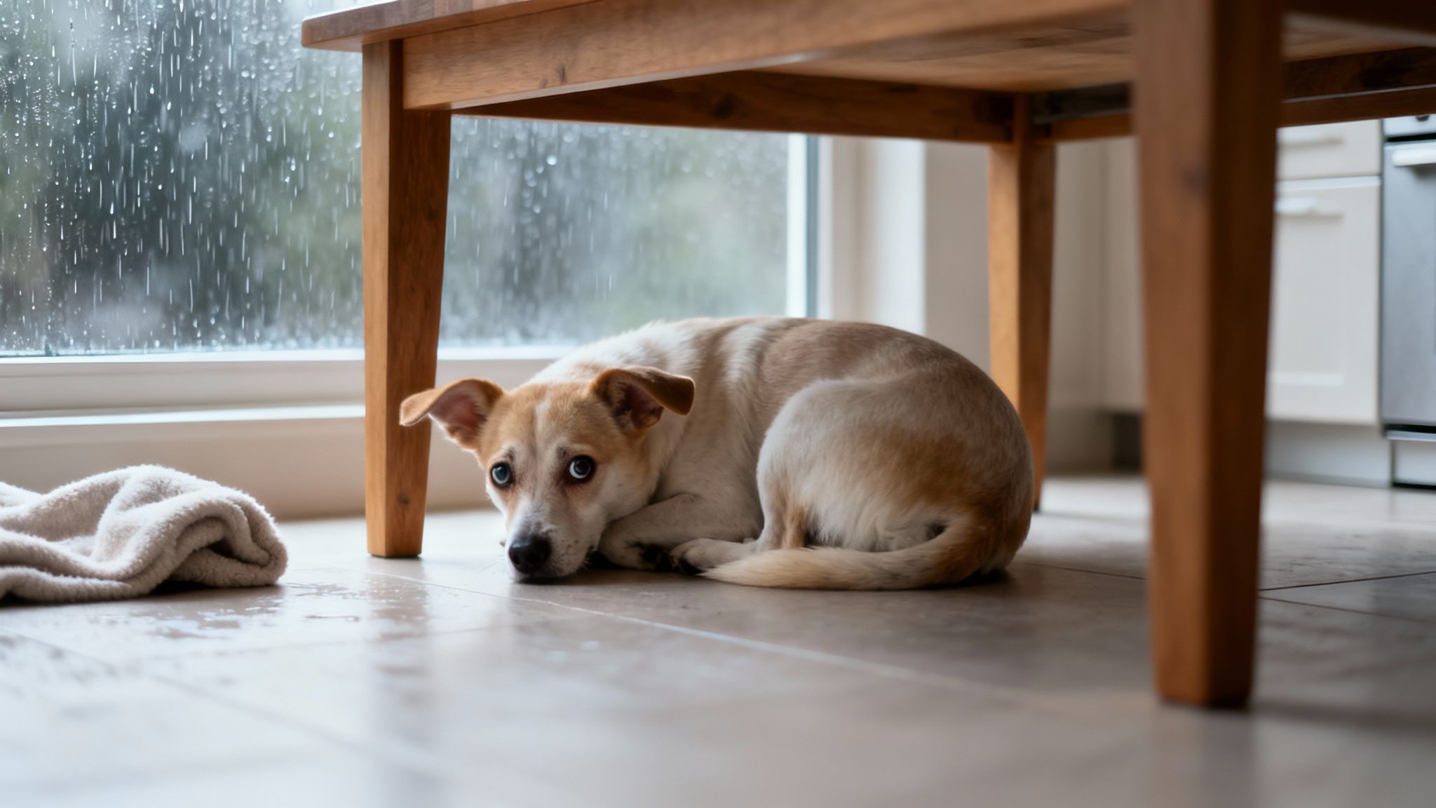 A small, anxious dog hides under a wooden table next to a window with rain.