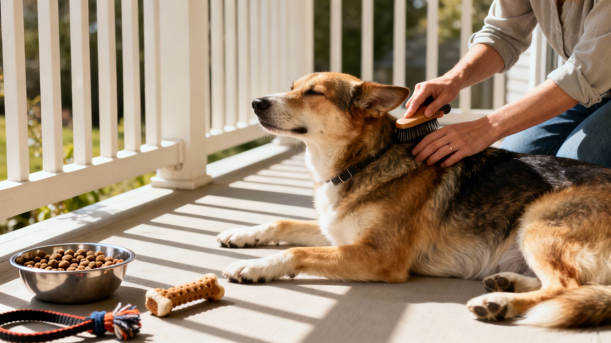 A person gently brushes a relaxed brown and black dog on a sunny porch with toys and food.