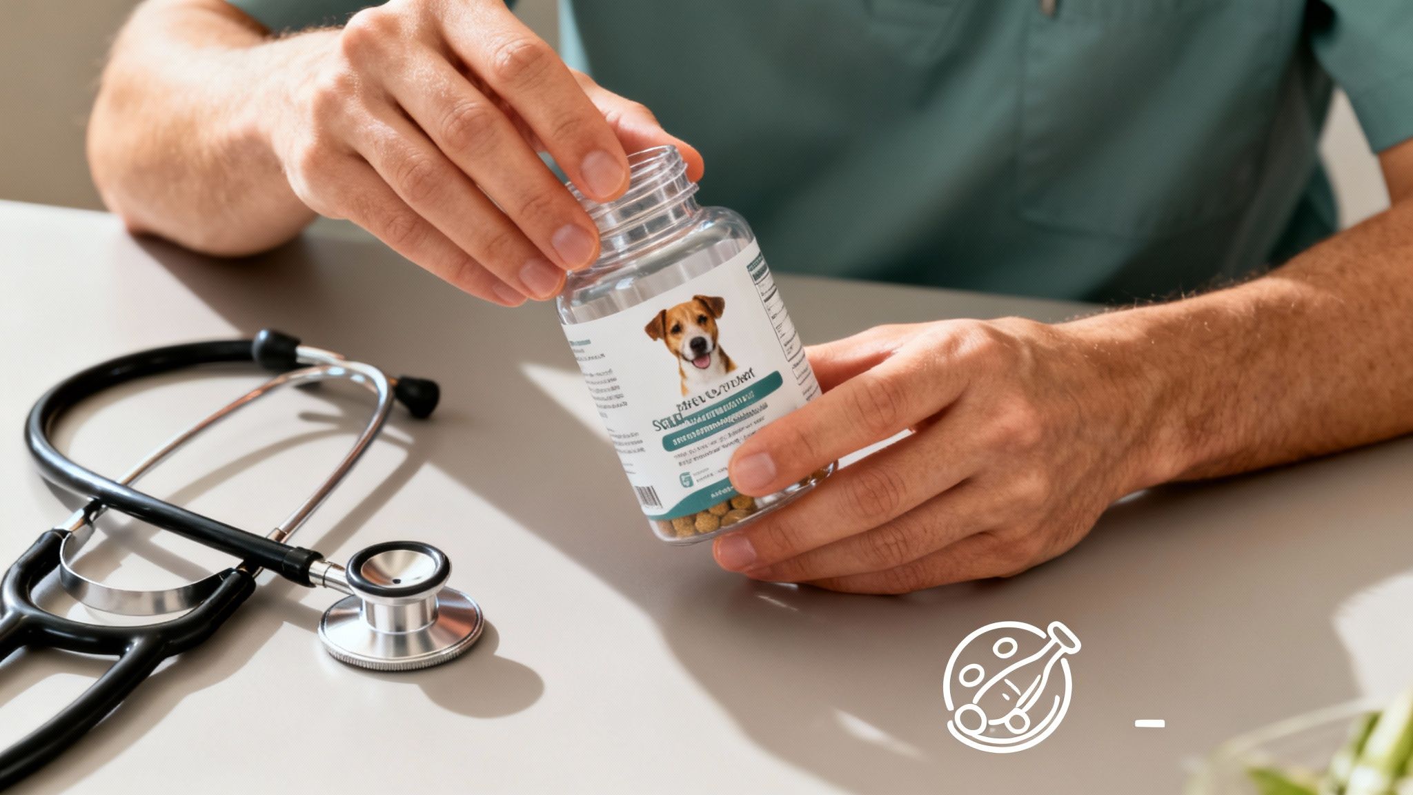 A person, likely a vet, holds a bottle of dog vitamins with a happy dog on the label, next to a stethoscope.