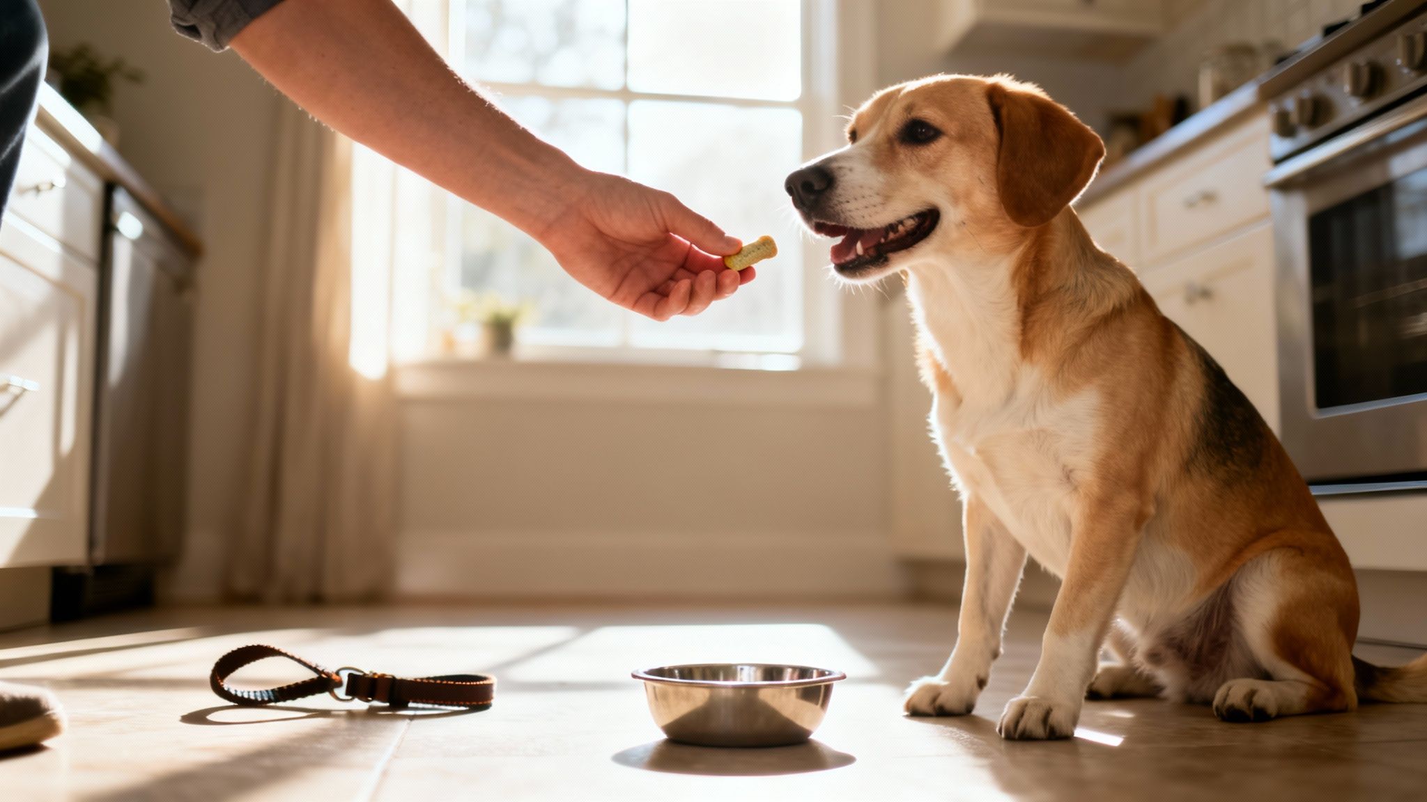 A person's hand offers a vitamin chew to a happy dog sitting near its empty bowl.
