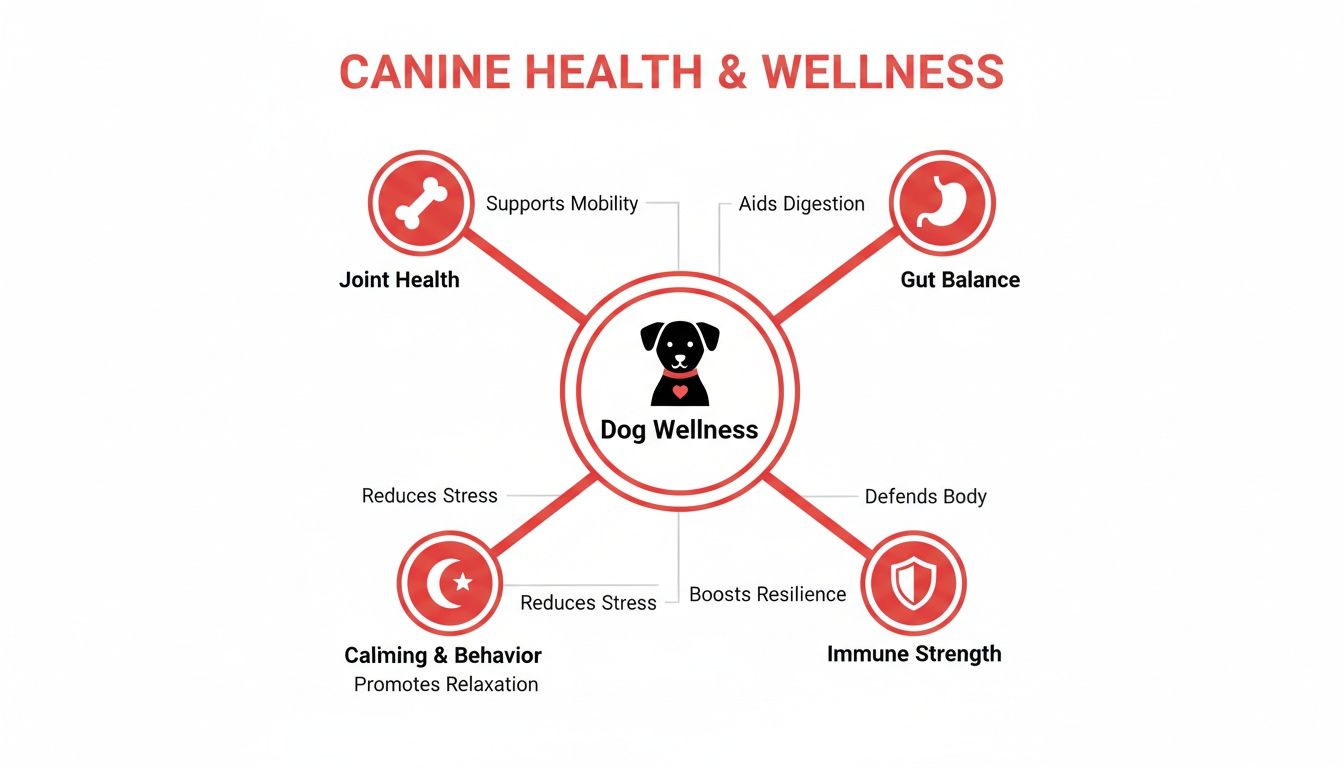 Infographic showing dog wellness pillars: joint health, gut balance, calming behavior, and immune strength.