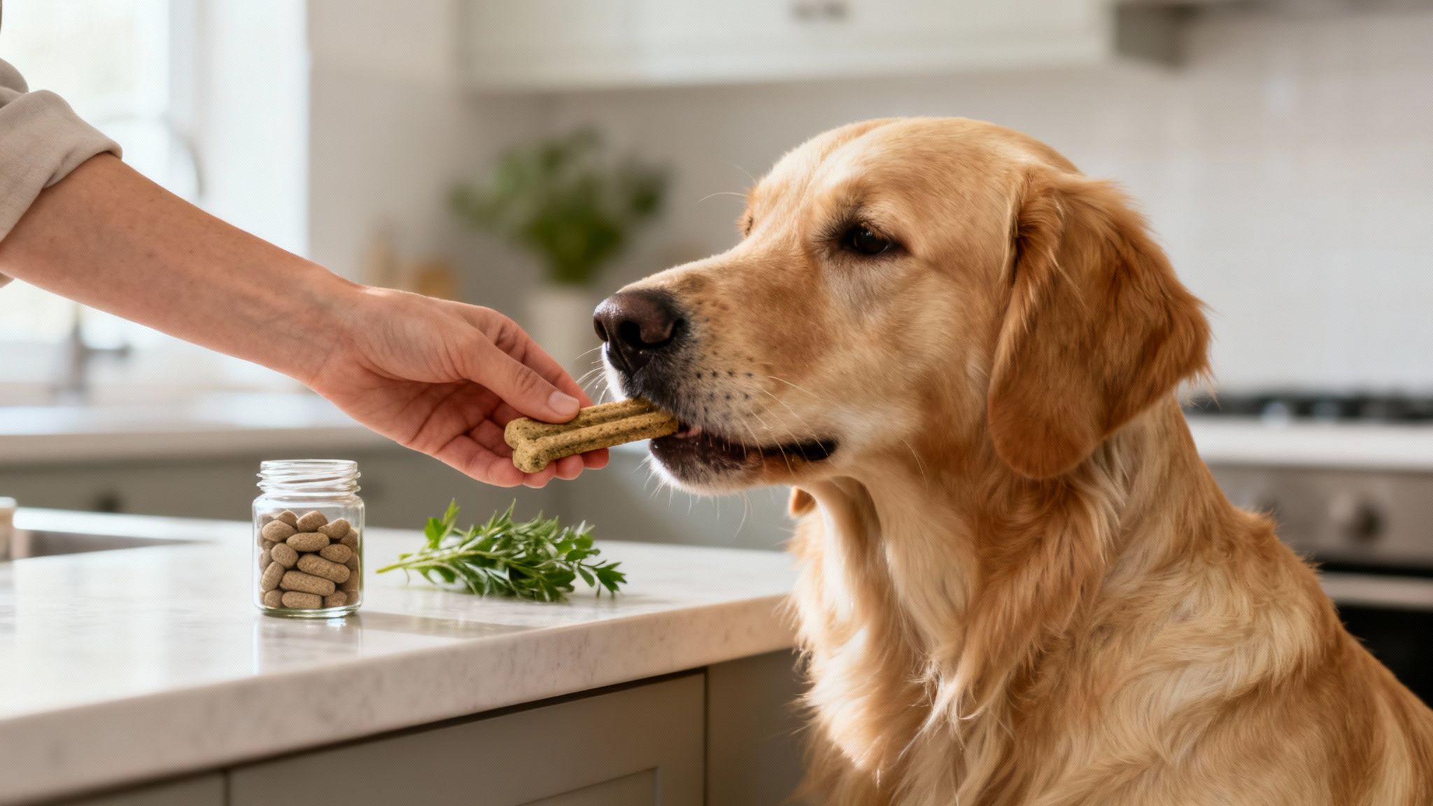 A golden retriever eats a natural supplement treat, with a jar of pills and herbs nearby.