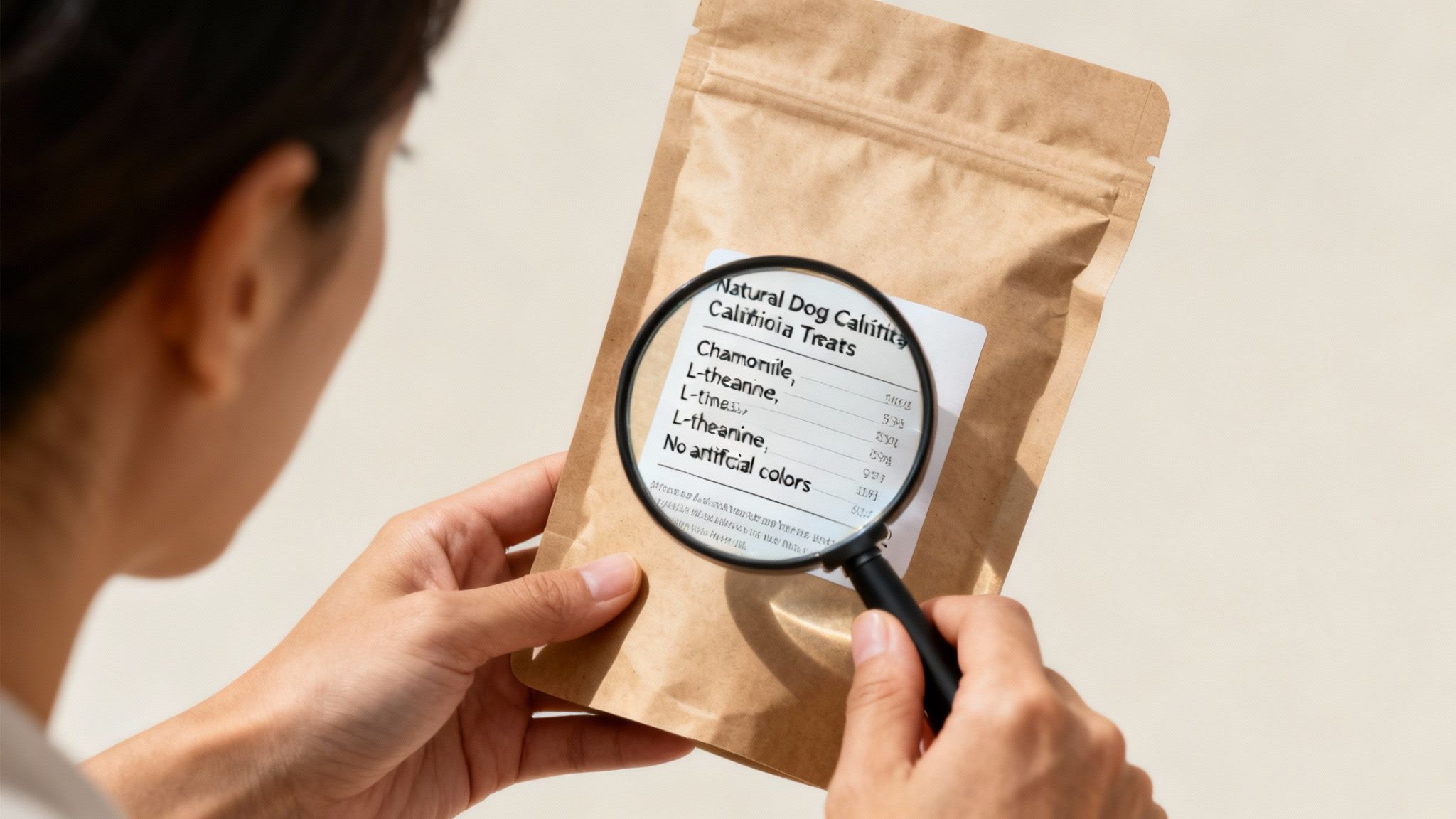 A person uses a magnifying glass to read the ingredients on a natural dog calming treats pouch.