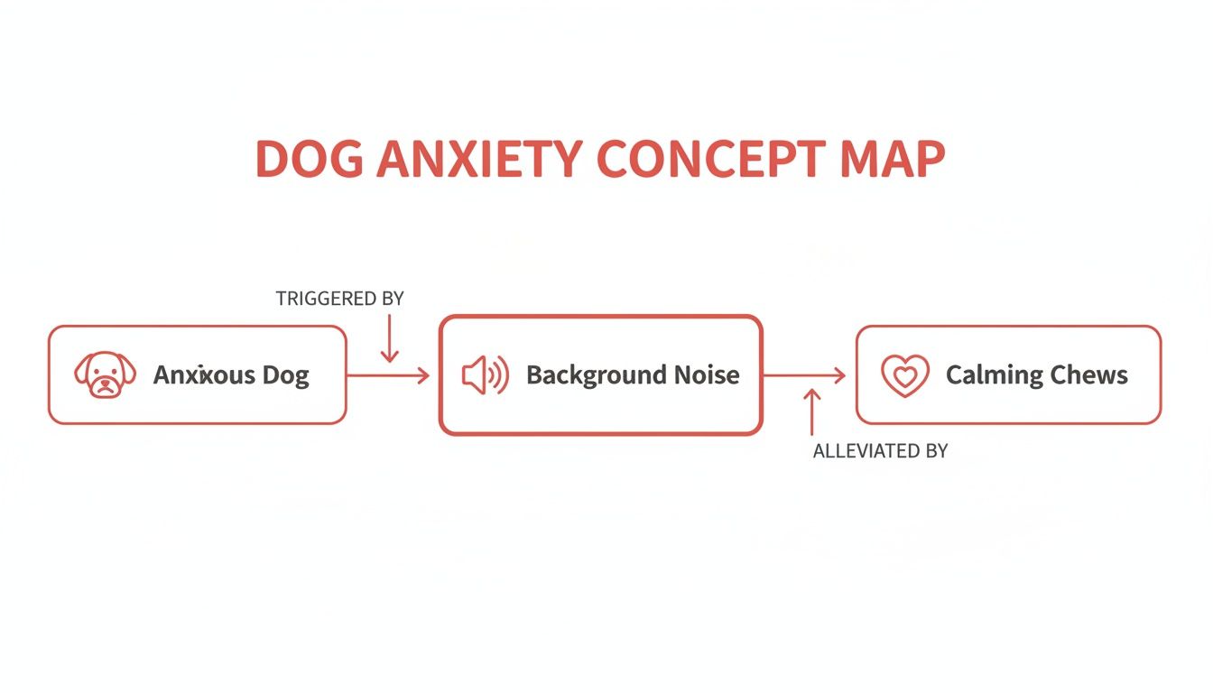 A concept map showing an anxious dog triggered by background noise, which is alleviated by calming chews.