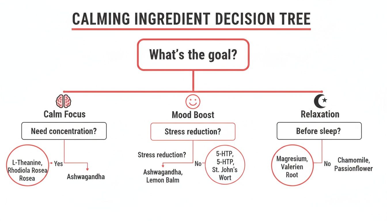 A calming ingredient decision tree helping to choose supplements for calm focus, mood boost, or relaxation.