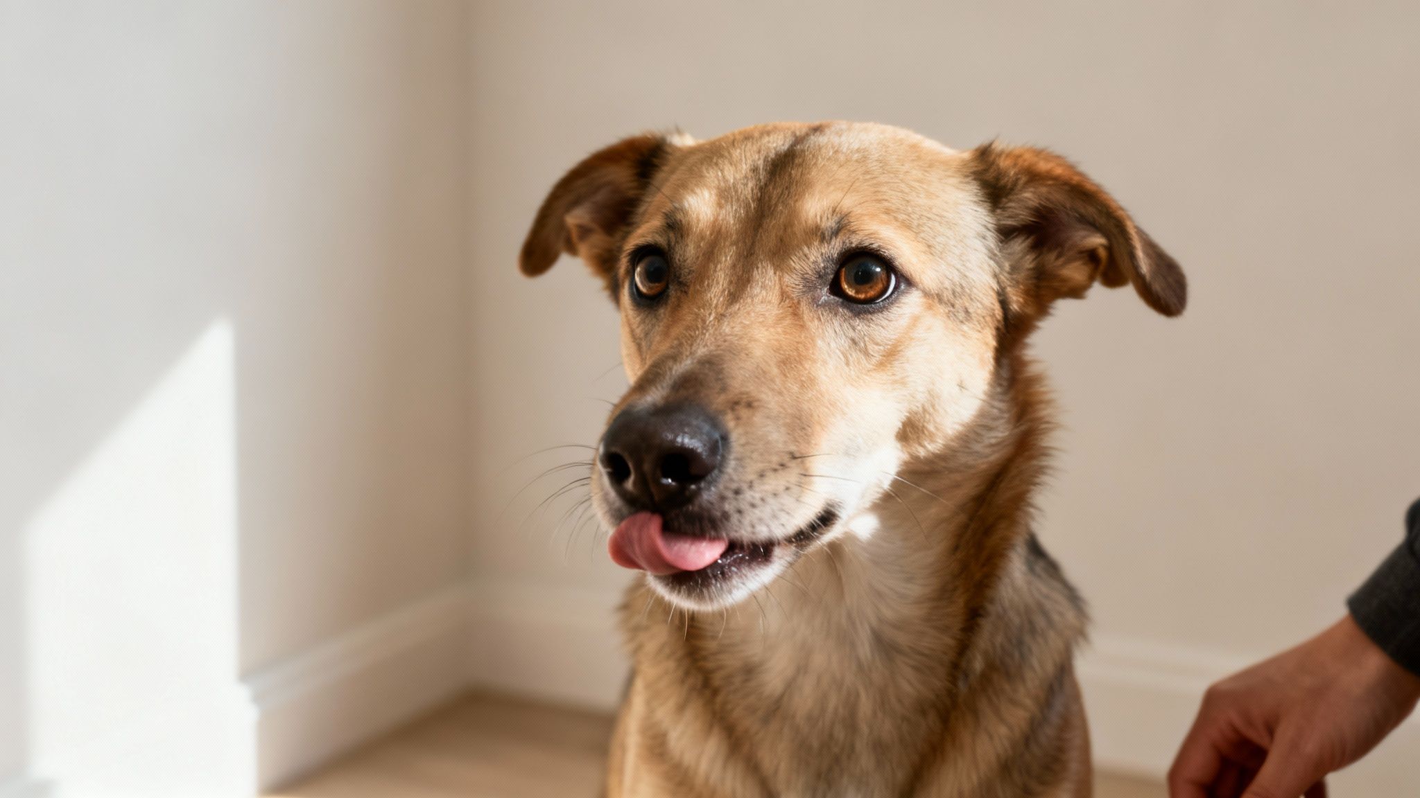 Close-up of a curious brown dog with its tongue out, looking up with big eyes.