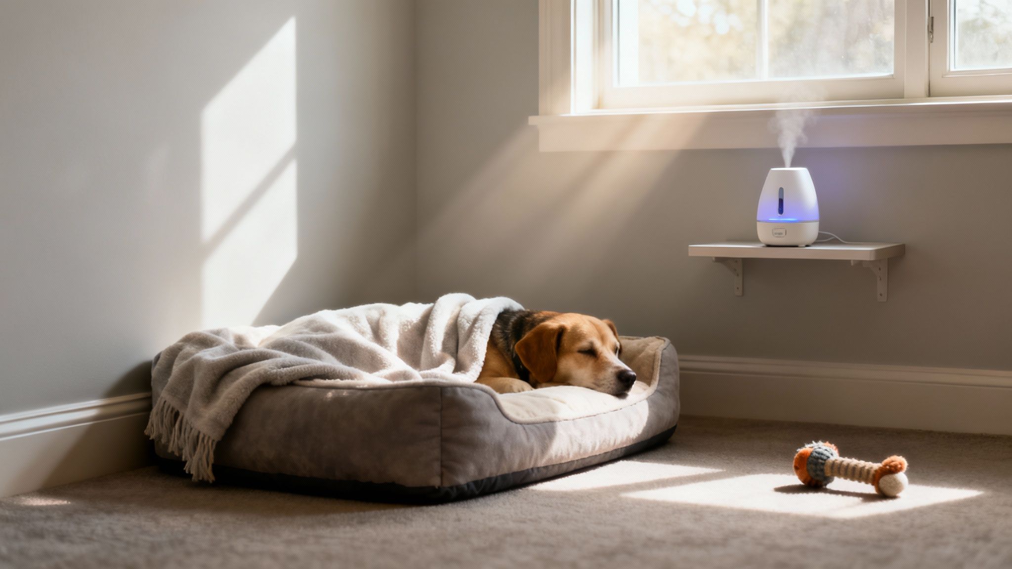 A relaxed dog sleeps soundly under a blanket in its bed, bathed in sunlight.