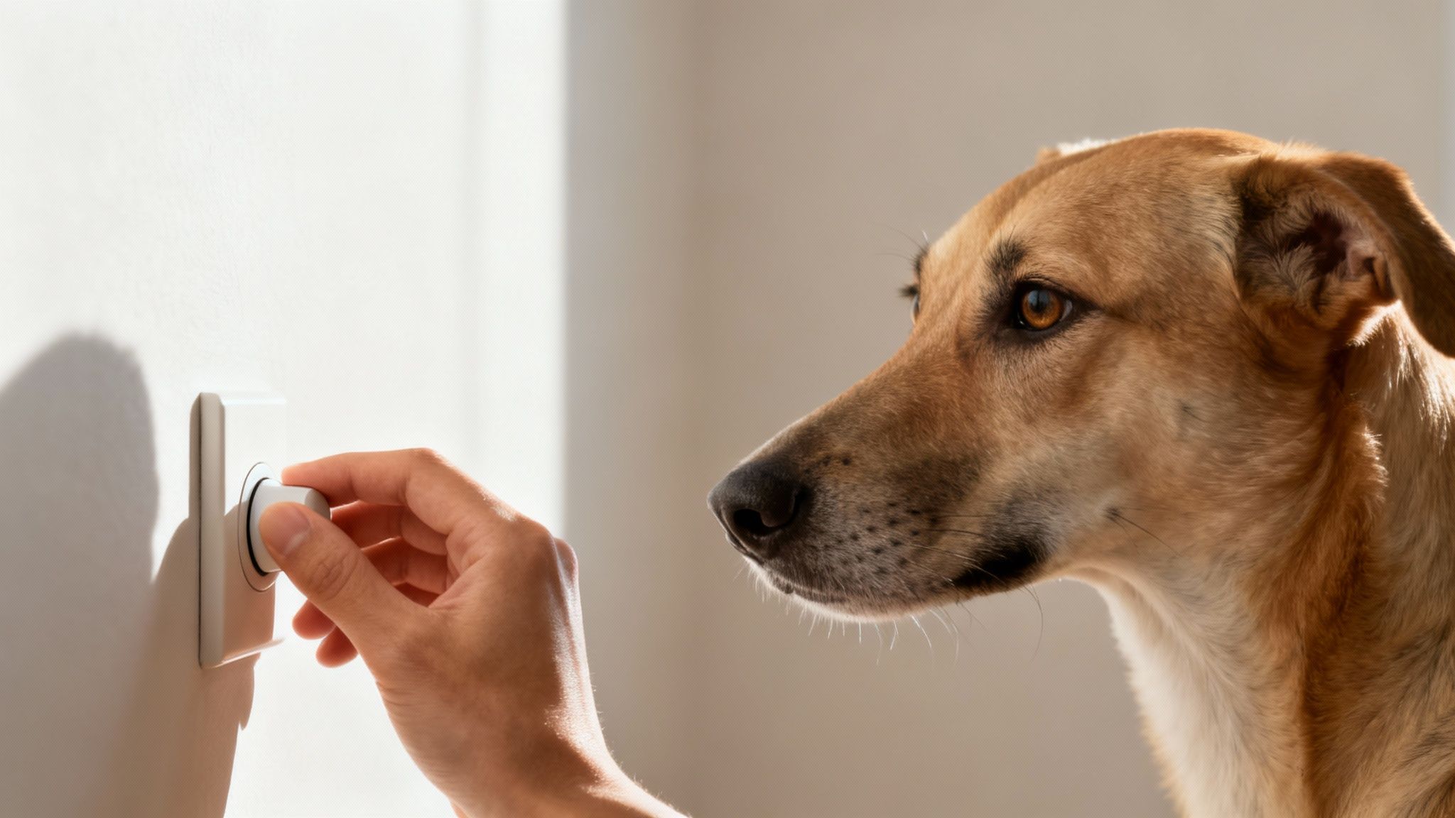 A dog watches a hand adjust a light dimmer switch on a white wall.