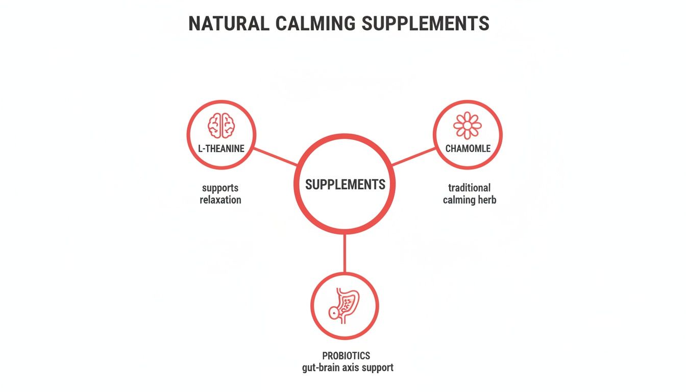 A diagram illustrating natural calming supplements: L-Theanine for relaxation, Chamomile as a traditional herb, and Probiotics for gut-brain axis support.
