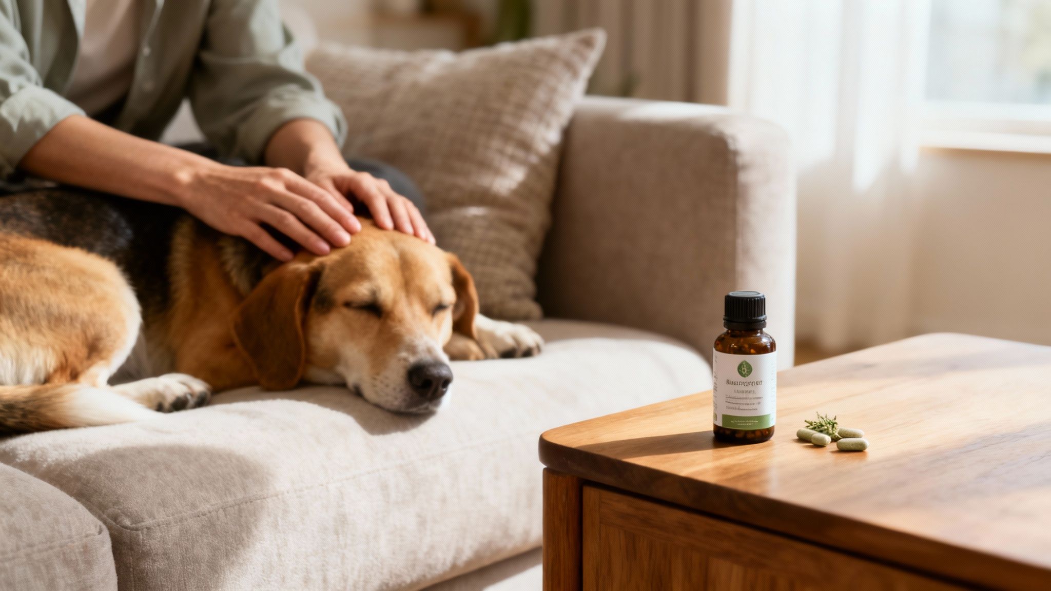 A person gently pets a sleeping beagle dog on a sofa, with dog calming supplements on a nearby table.