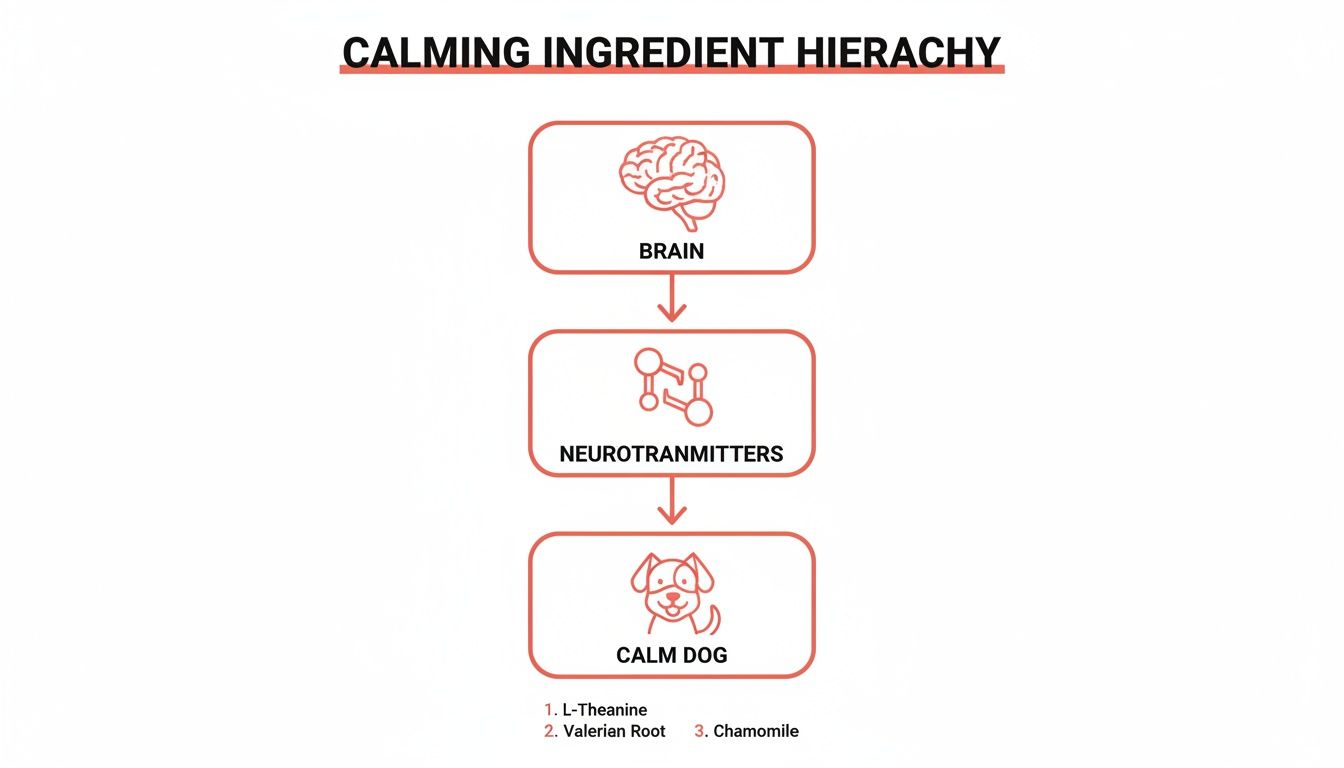 A diagram illustrates the calming ingredient hierarchy, showing brain, neurotransmitters, and a calm dog, with a list of ingredients.