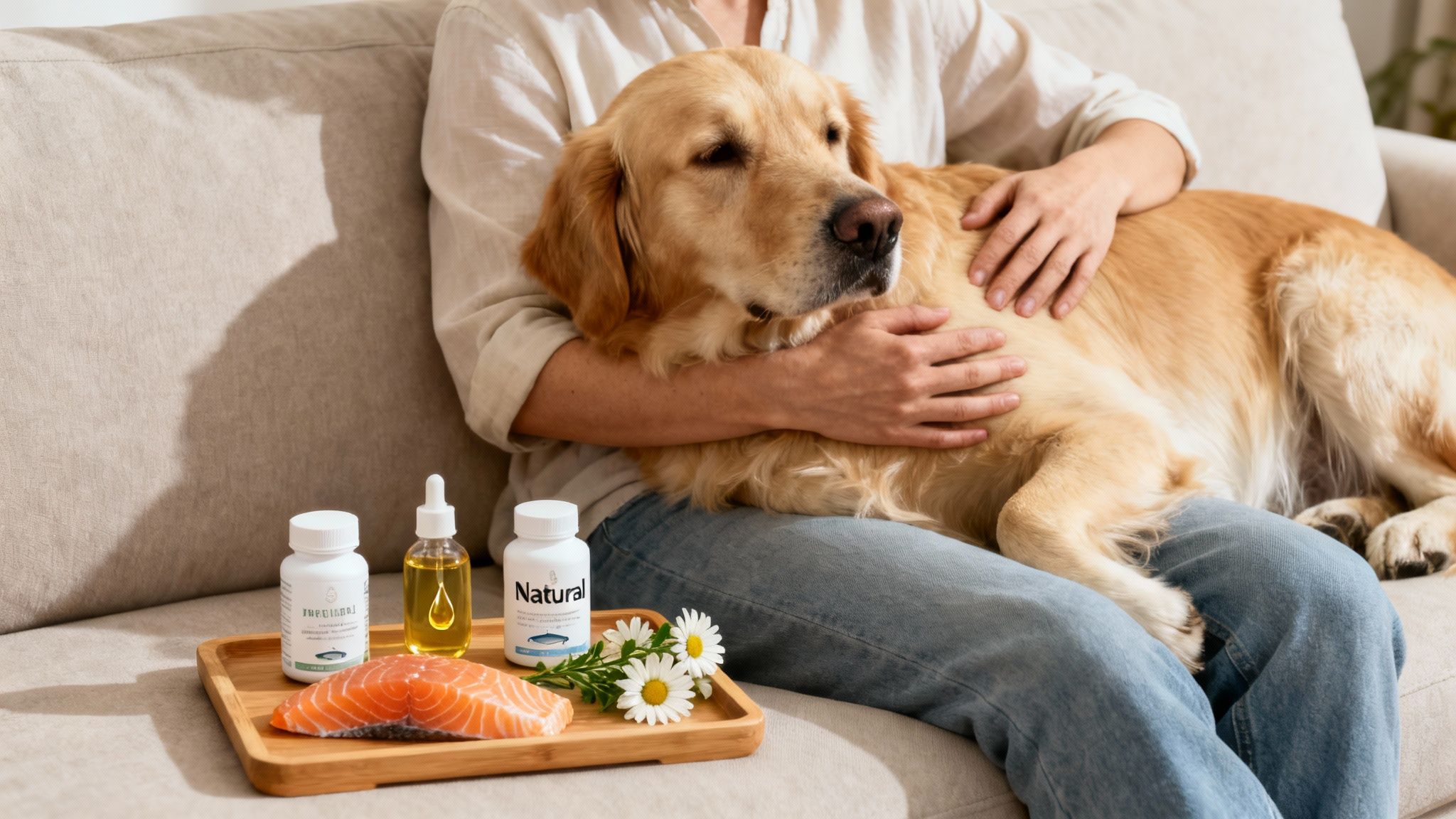 A person cuddles a golden retriever dog next to a tray of natural supplements, fish oil, and salmon.