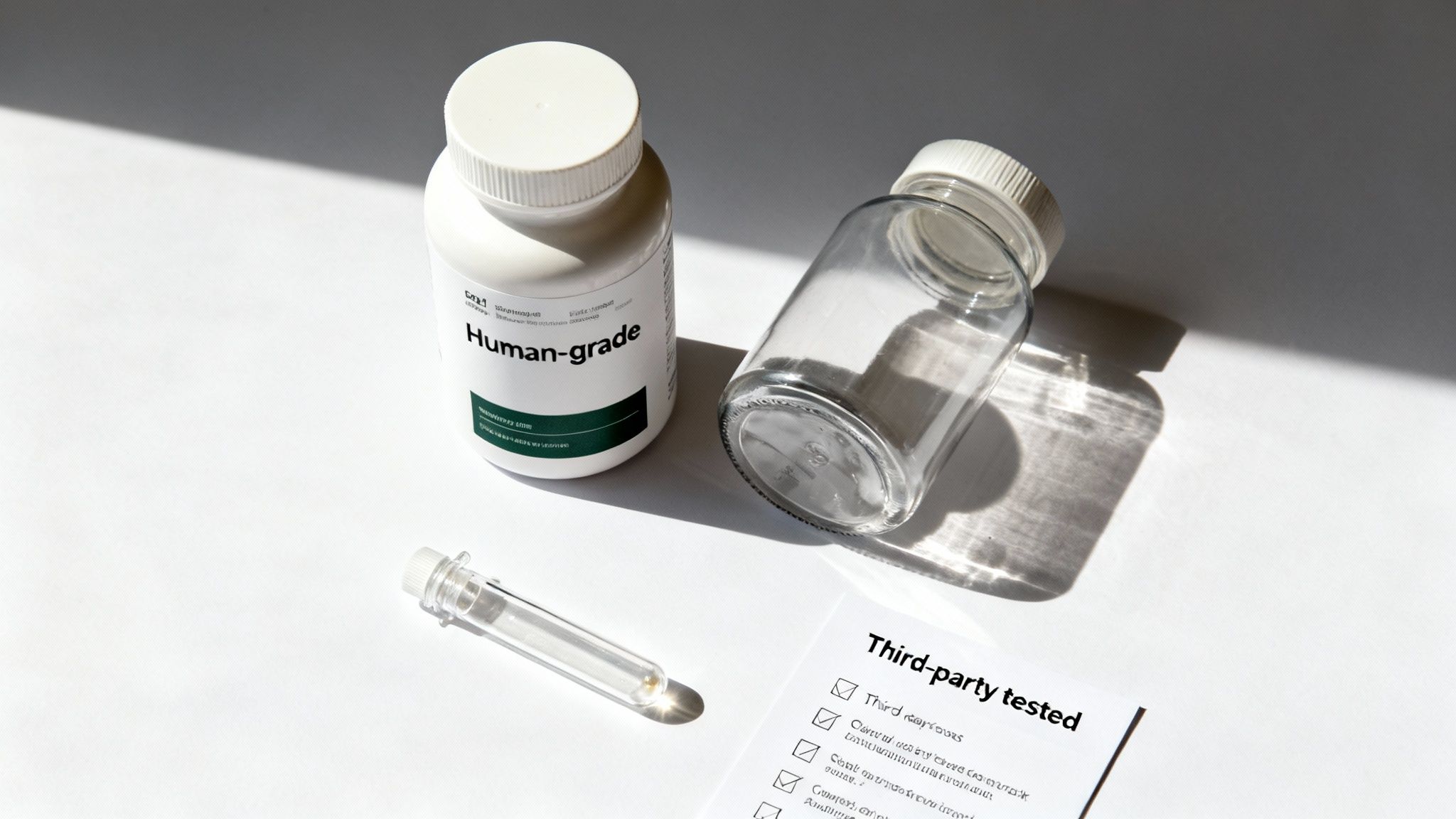 White bottle labeled 'Human-grade', empty glass bottle, test vial, and 'Third-party tested' checklist.