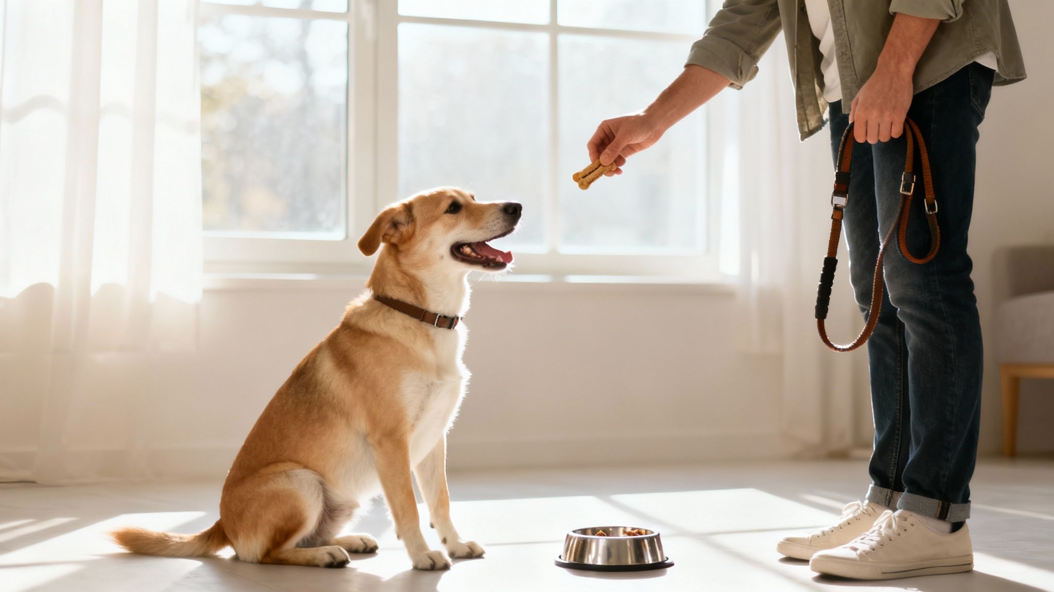 A man offers a bone-shaped treat to a sitting dog, holding a leash in a sunny room.