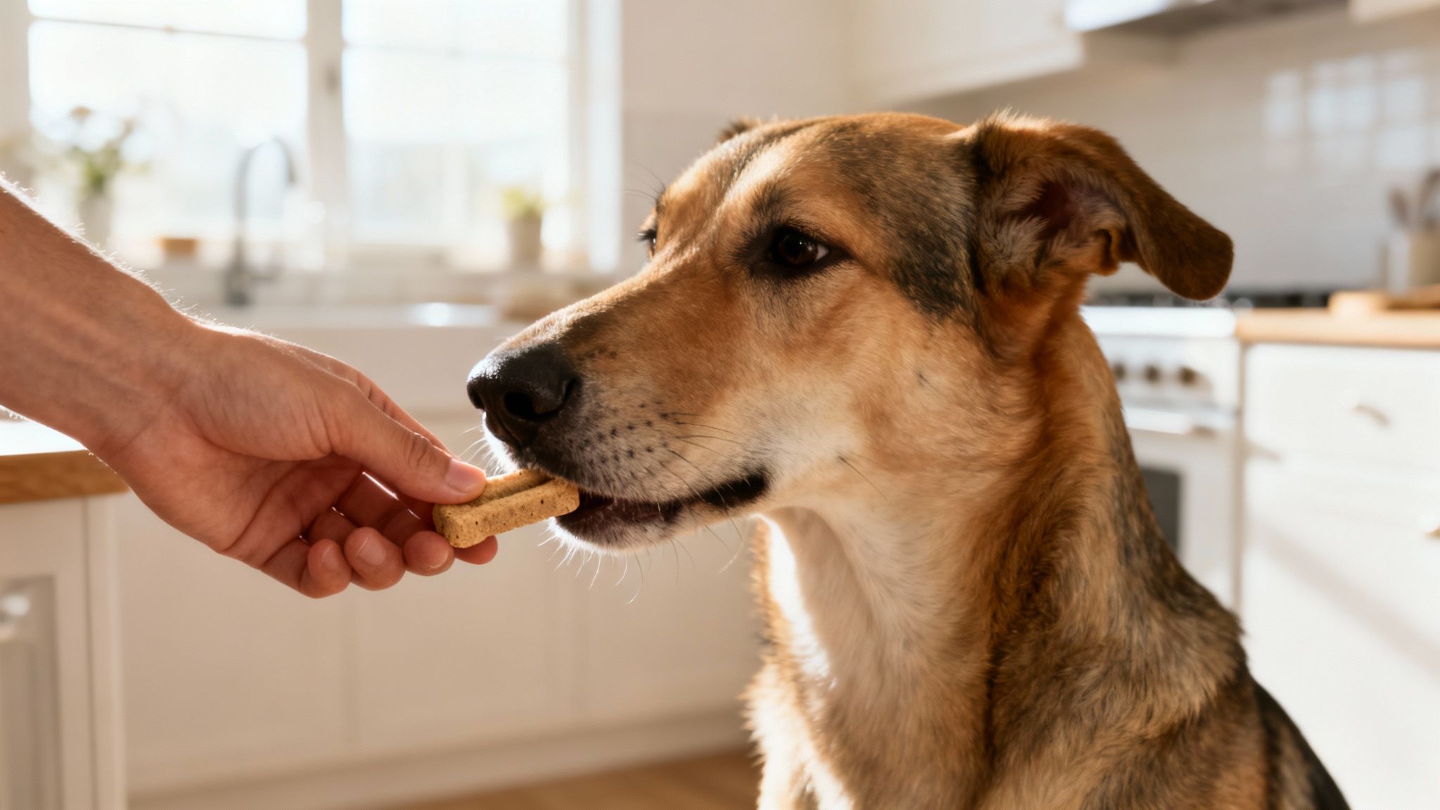 A person's hand offers a delicious dog biscuit to a brown and black dog in a bright kitchen.