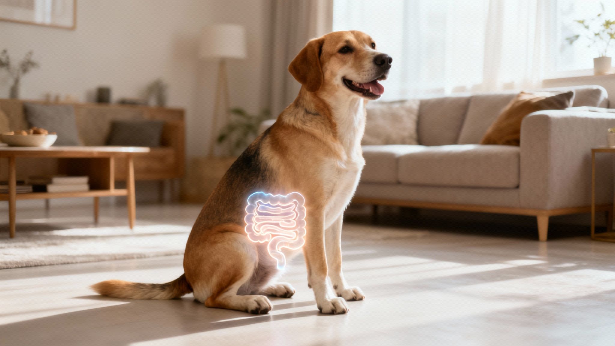 A happy dog sits on a sunlit floor in a living room, with a glowing illustration of its intestines visible on its side.