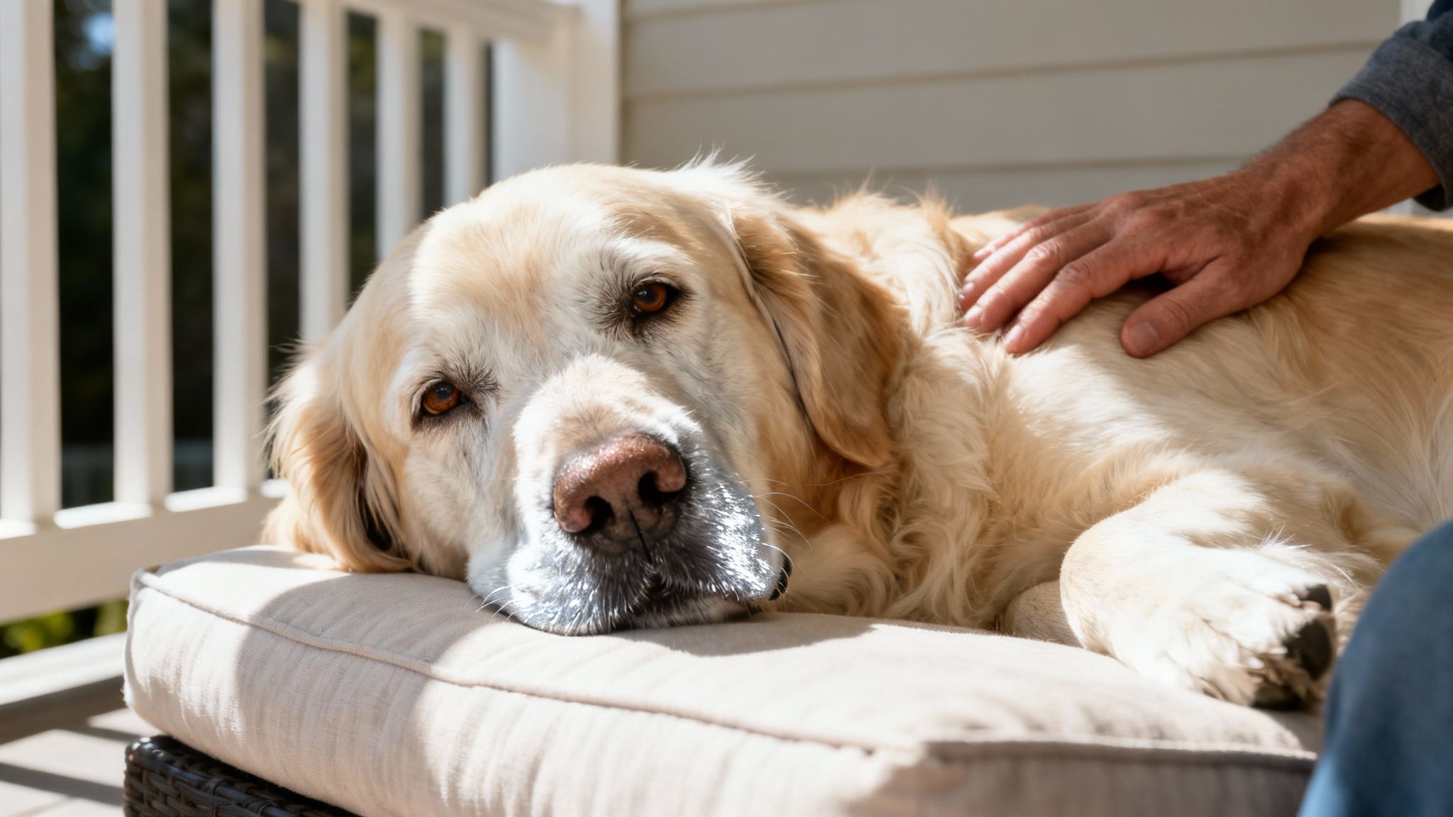 A senior golden retriever dog resting on a cushion, being gently petted by a human hand.