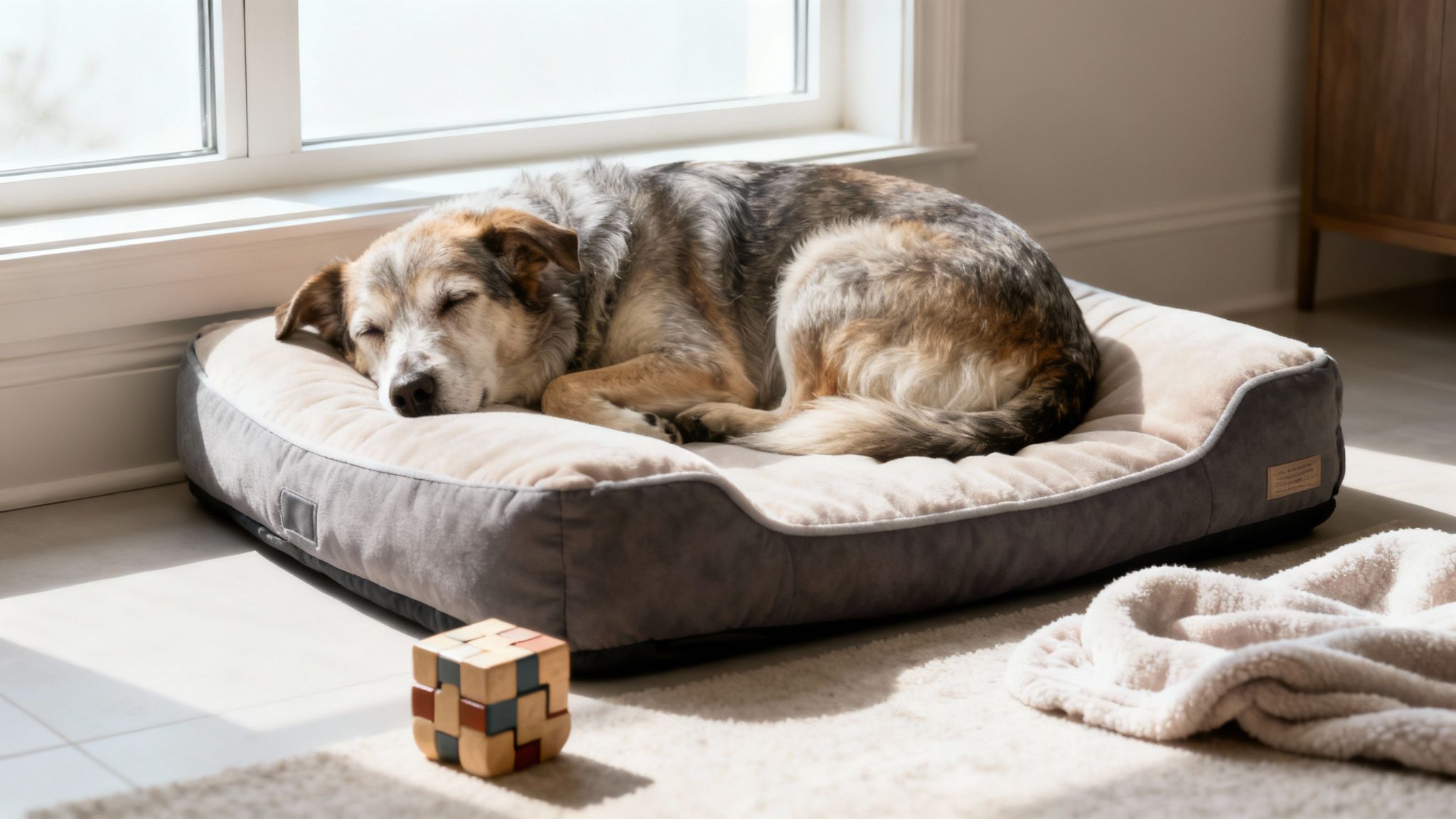 A contented senior dog sleeps soundly in a plush dog bed by a sunlit window.