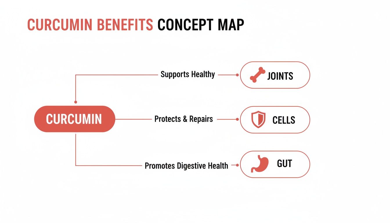 Concept map illustrating the benefits of Curcumin, including supporting healthy joints, protecting cells, and promoting digestive health.